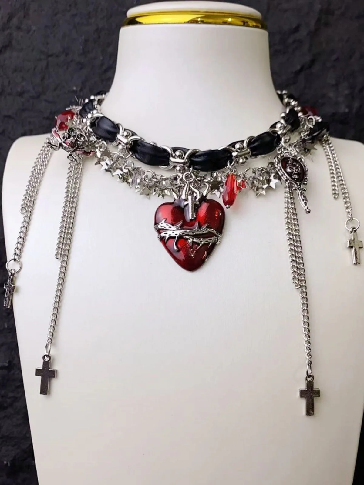 Gothic Thorns Heart Leather Cross Tassel Choker - Image 12