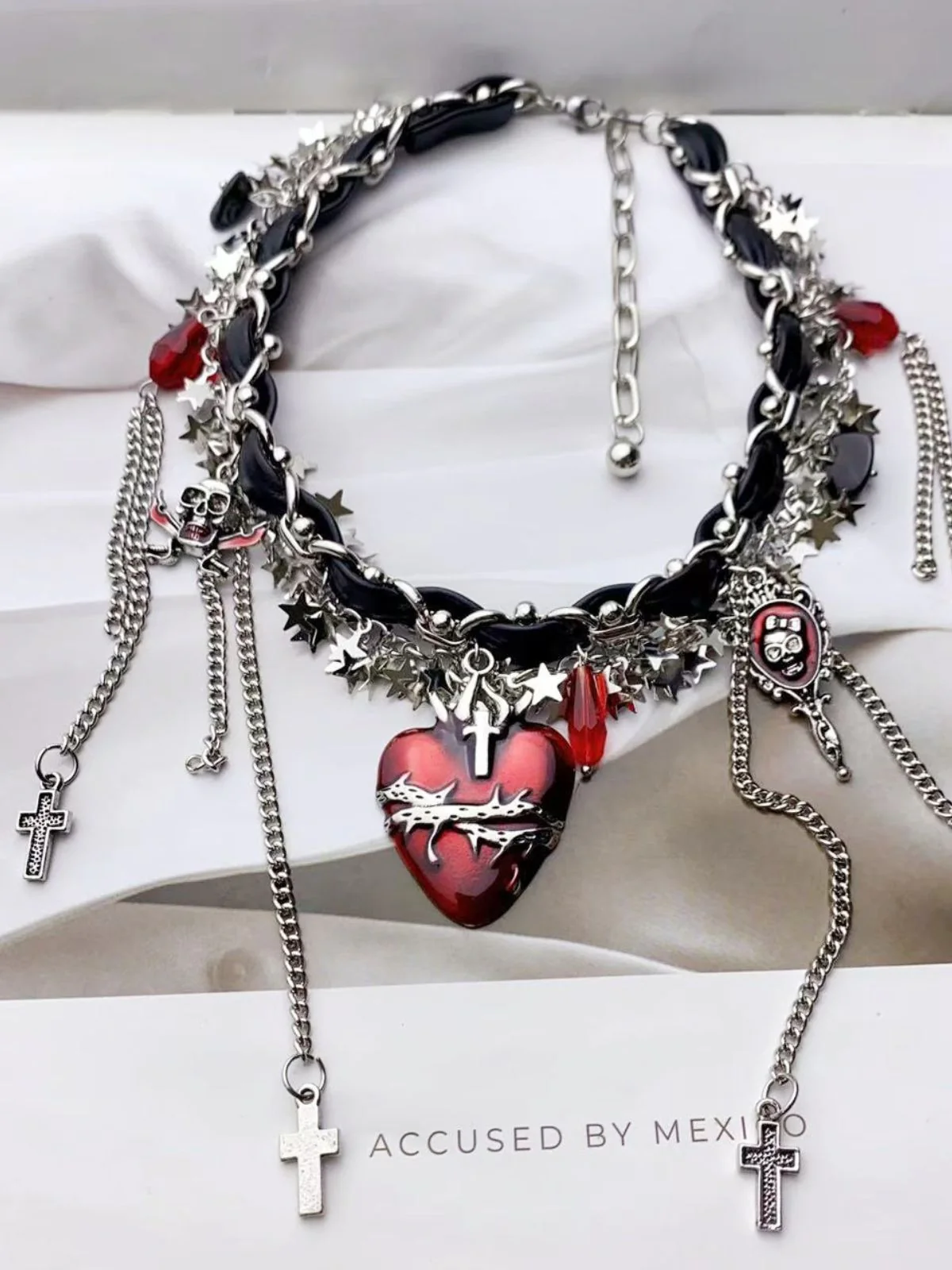Gothic Thorns Heart Leather Cross Tassel Choker - Image 9