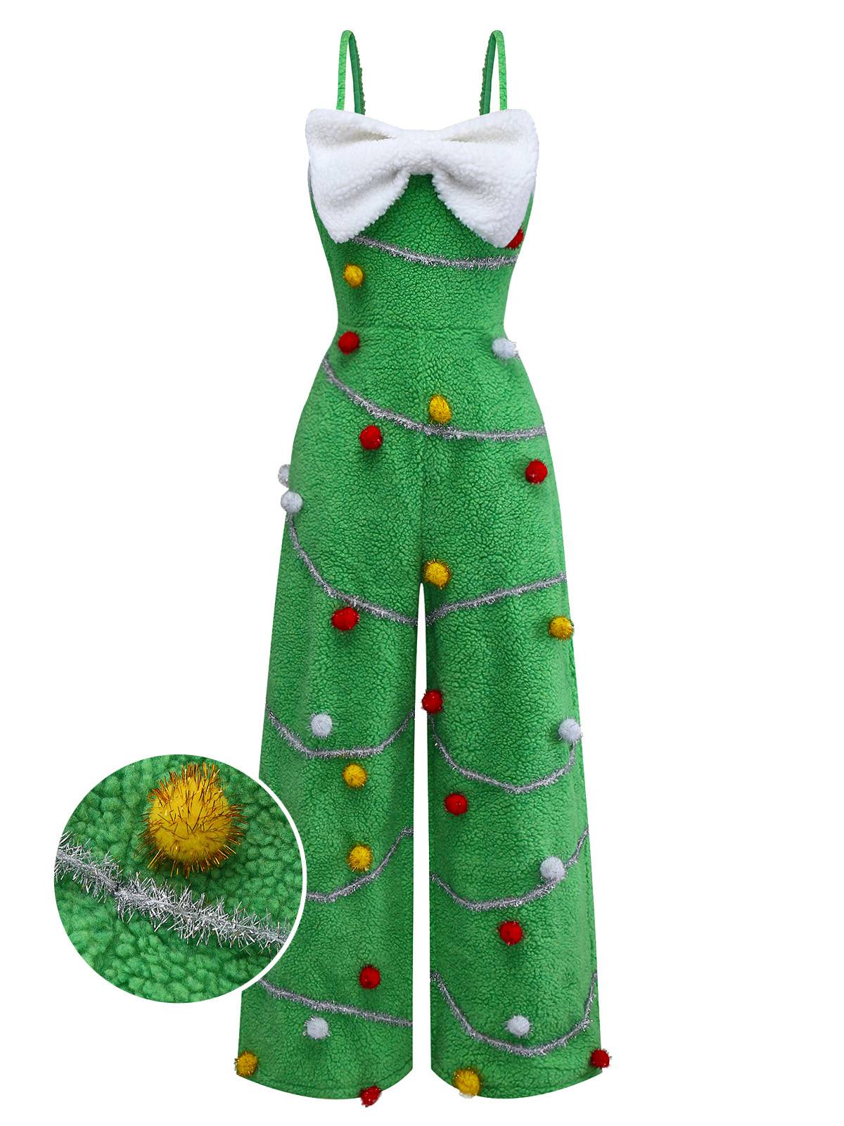 Green 1930s Christmas Tree Pom-Pom Bow Jumpsuit