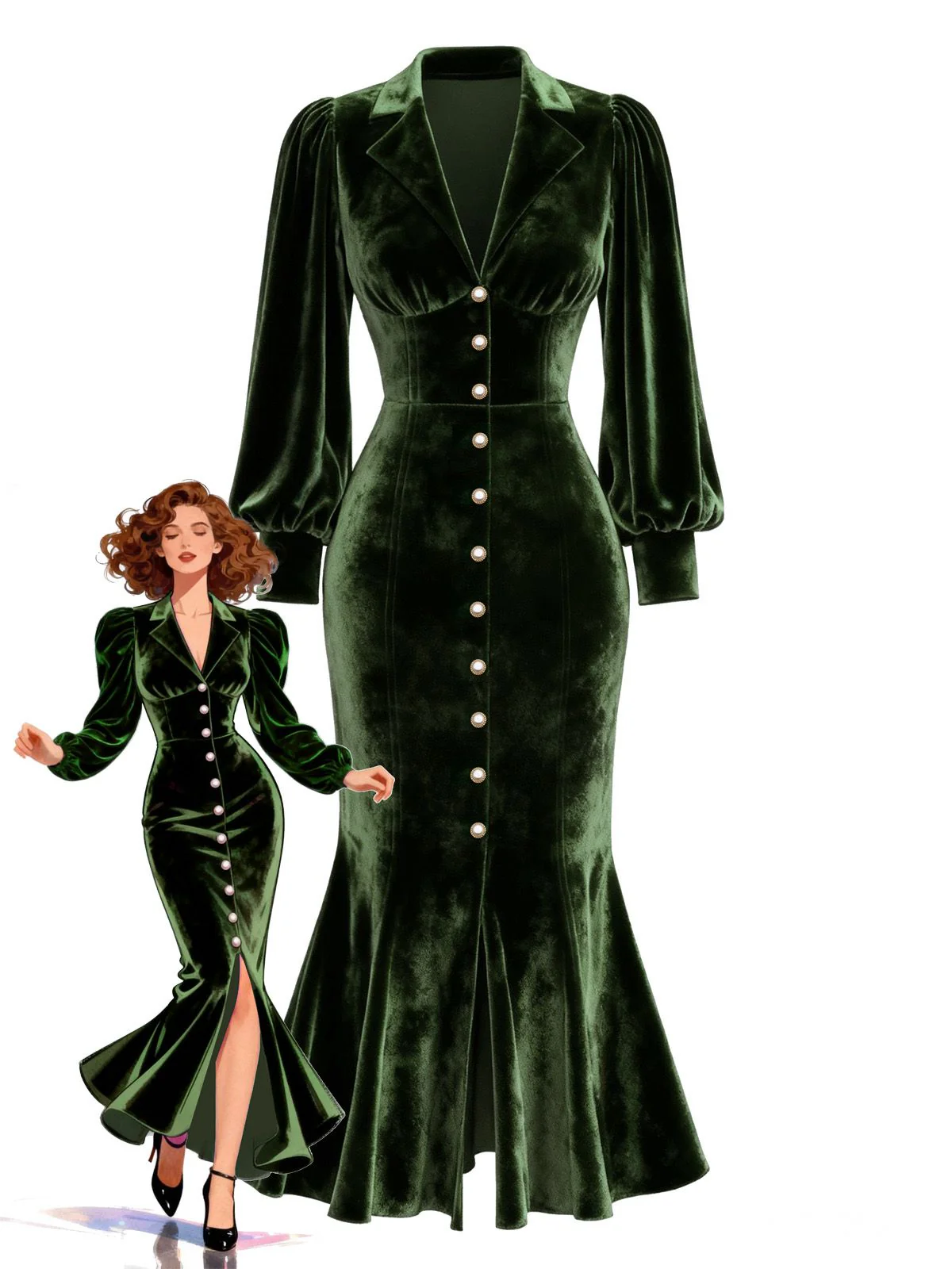 Red 1930s Velvet Pearl Lantern Sleeve Mermaid Dress - Image 4