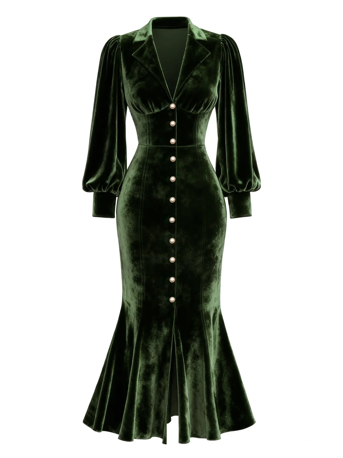 Red 1930s Velvet Pearl Lantern Sleeve Mermaid Dress - Image 5