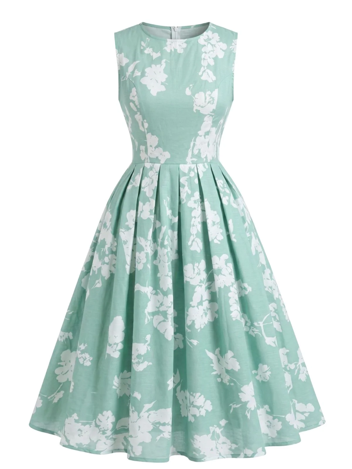 [Pre-Sale] Green 1940s Floral Sleeveless Pleated A-Line Dress - Image 3