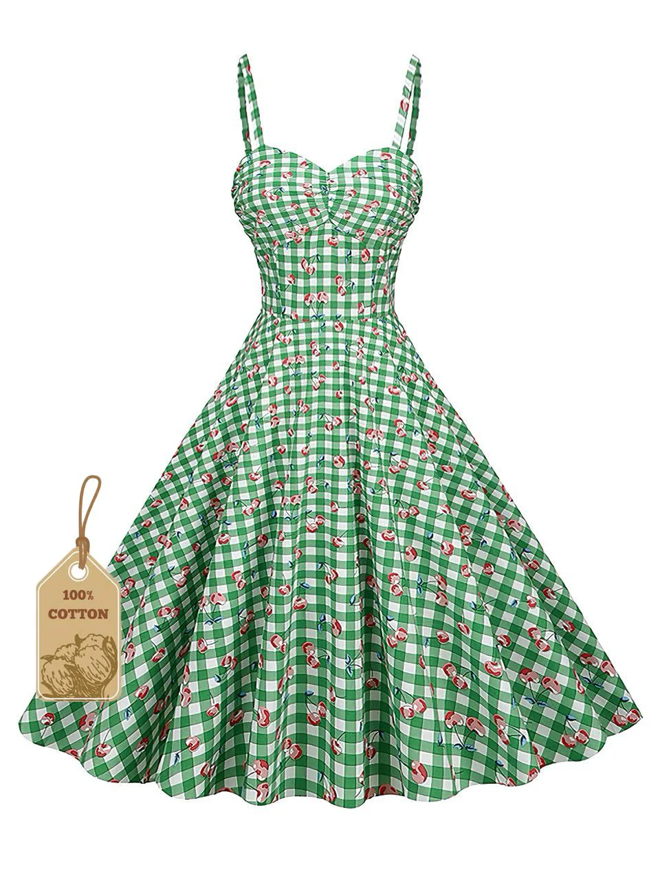 Green 1950s Gingham Cotton Cherry Spaghetti Strap Dress
