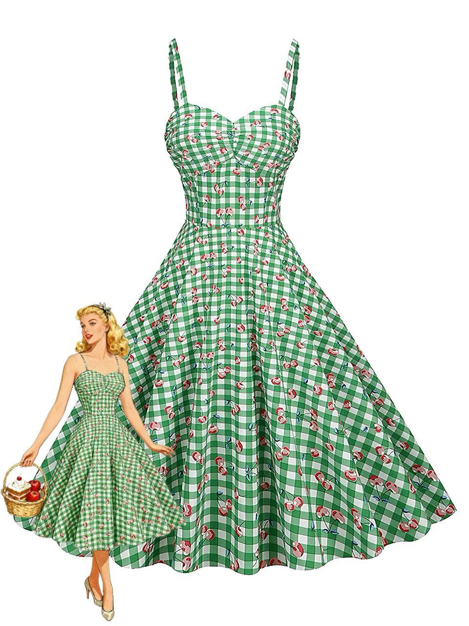 Green 1950s Gingham Cotton Cherry Spaghetti Strap Dress - Image 2