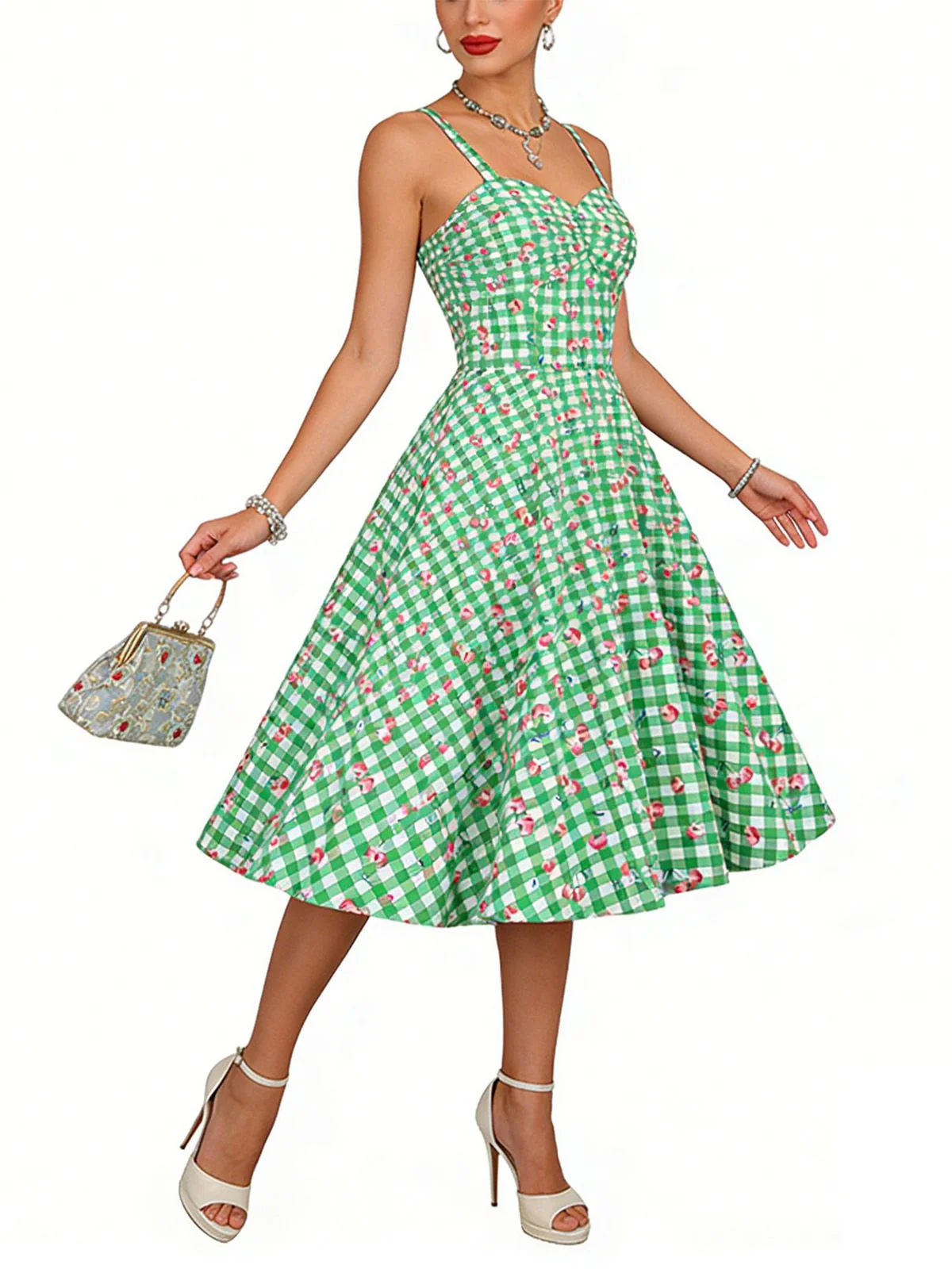 Green 1950s Gingham Cotton Cherry Spaghetti Strap Dress - Image 4