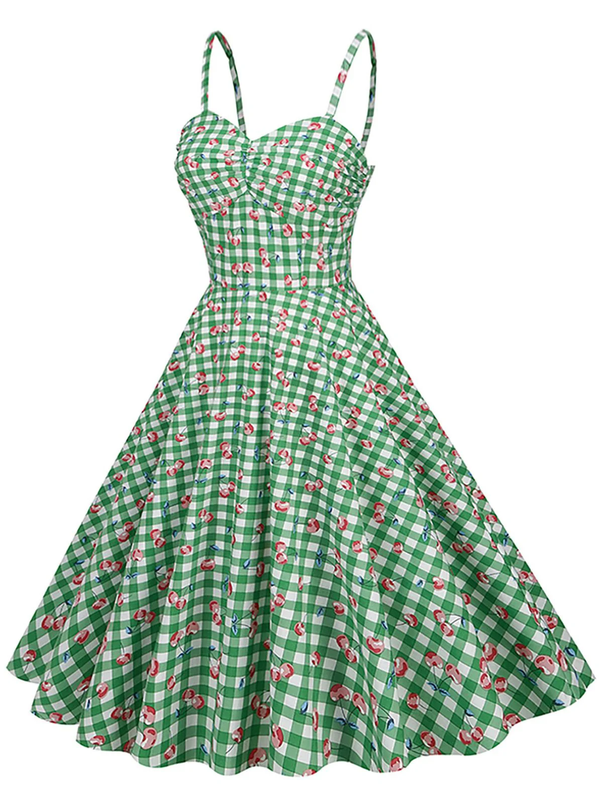 Green 1950s Gingham Cotton Cherry Spaghetti Strap Dress - Image 5