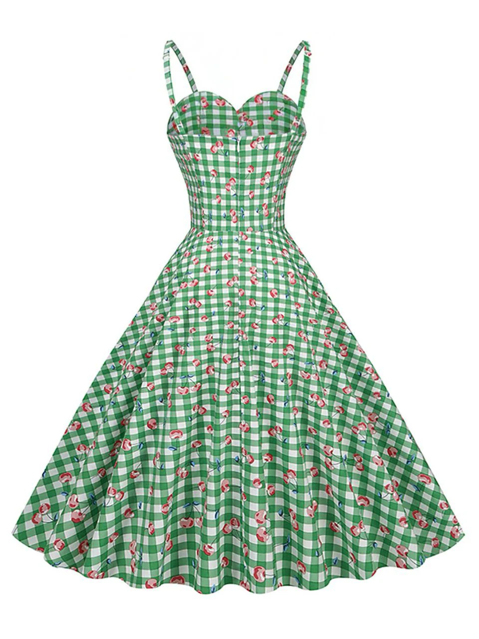 Green 1950s Gingham Cotton Cherry Spaghetti Strap Dress - Image 6