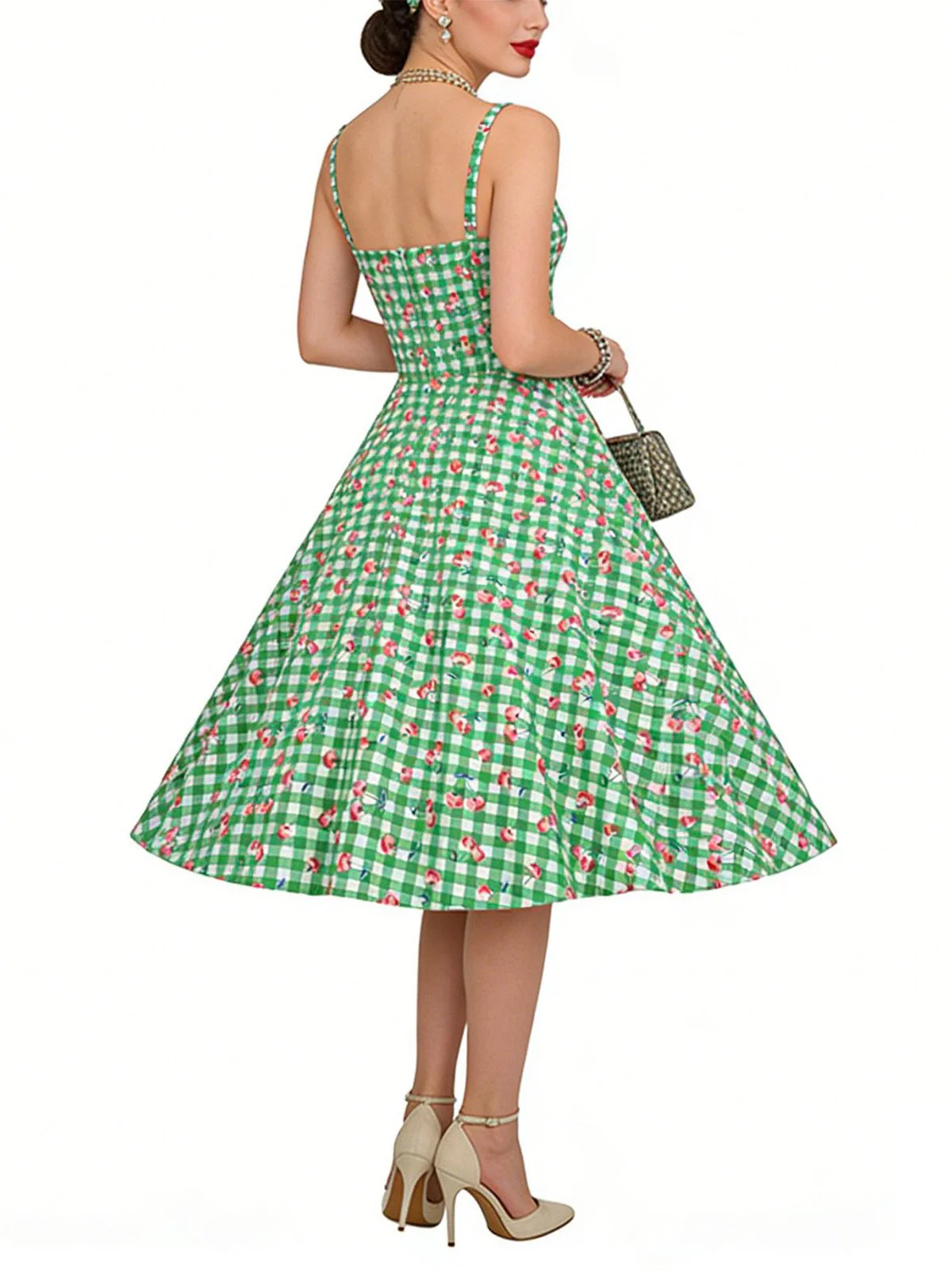 Green 1950s Gingham Cotton Cherry Spaghetti Strap Dress - Image 7