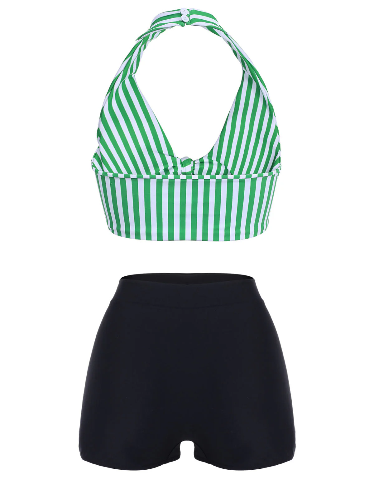Green 1950s Retro Halter Stripes Bikini Set - Image 2
