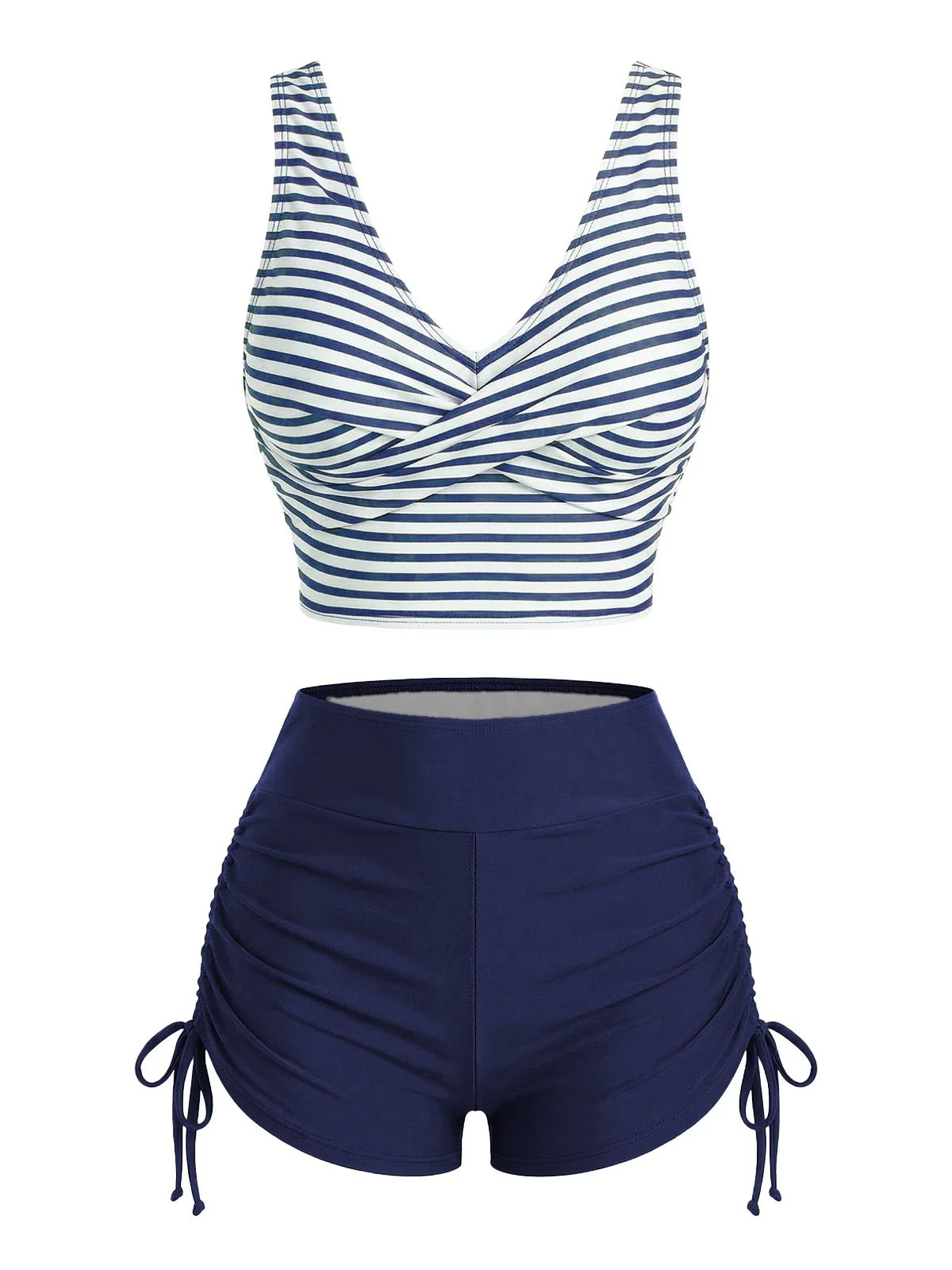Green 1950s Striped Cross Drawstring Tankini Set - Image 8