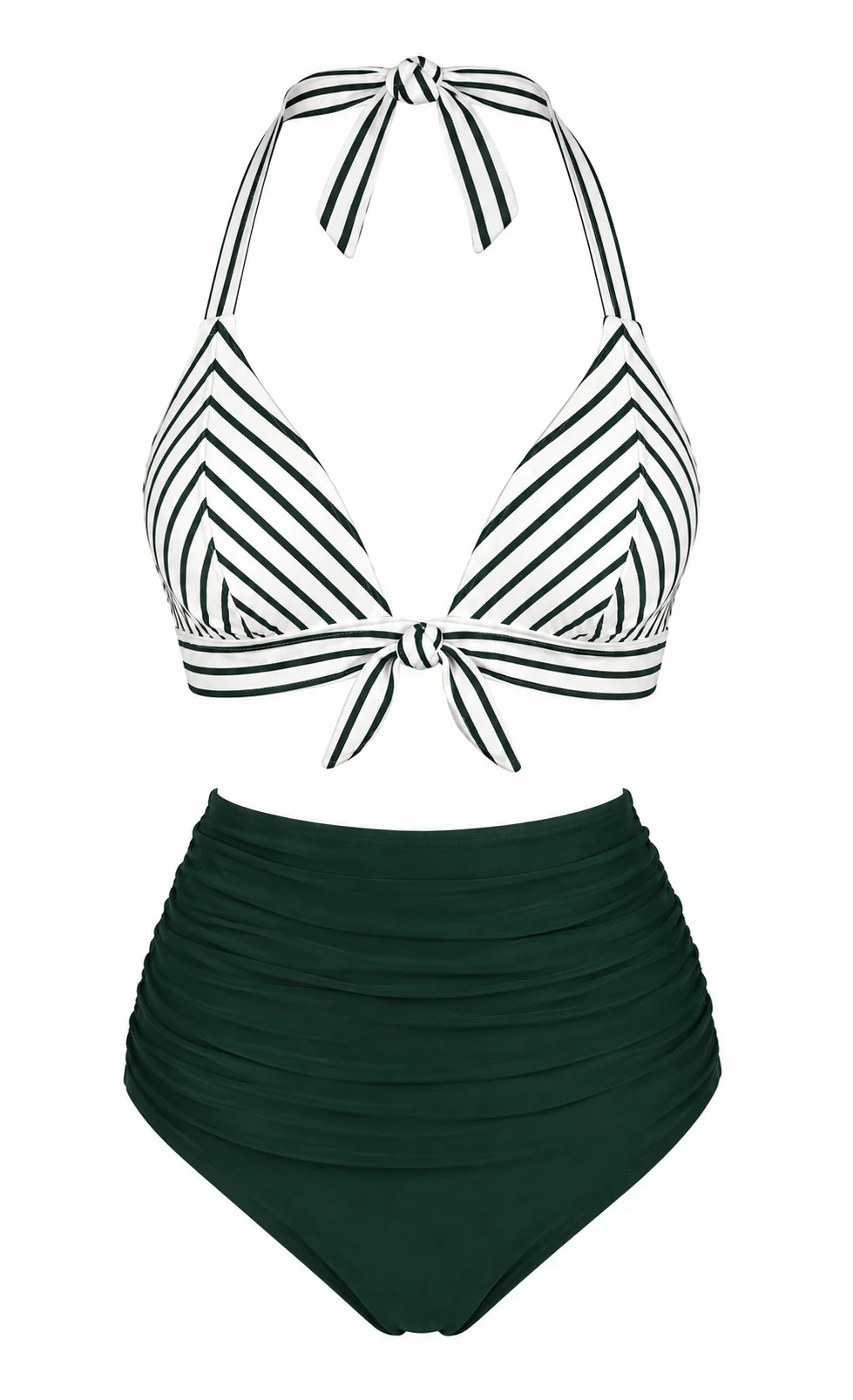 Green 1950s Striped Halter Ruched Bikini Set