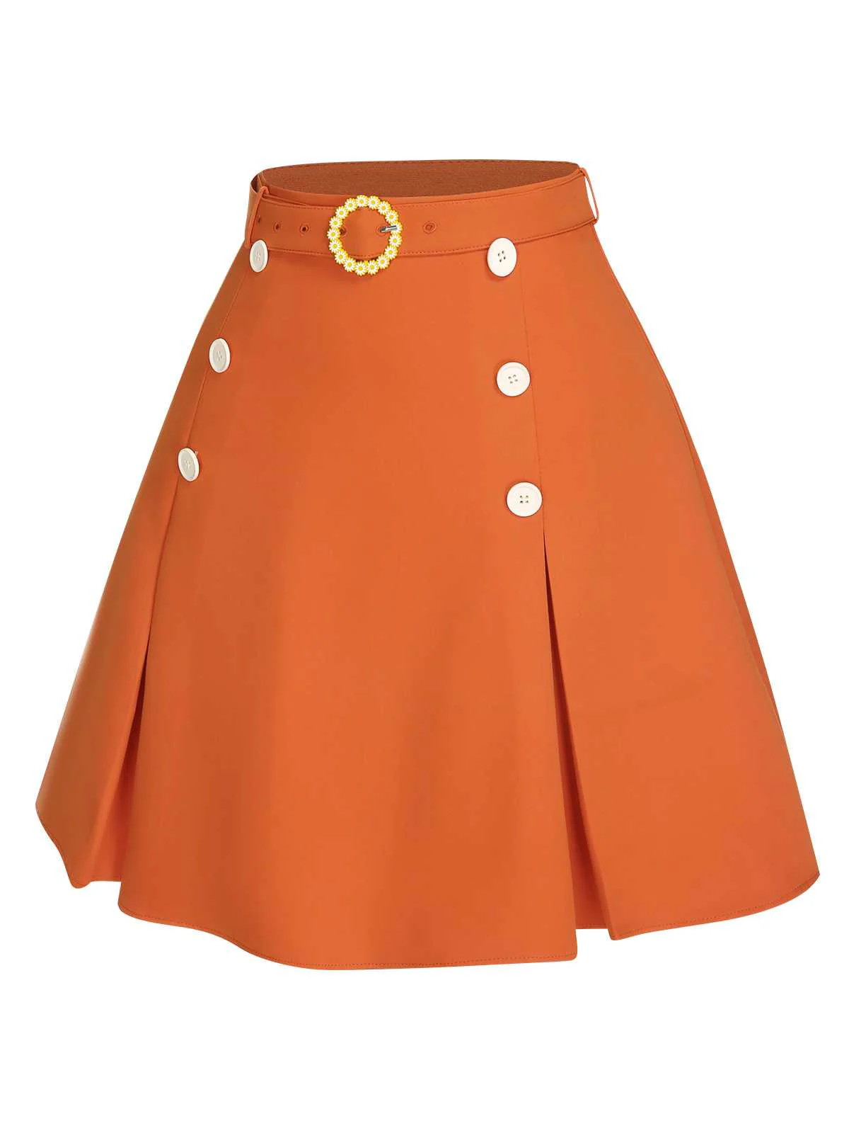 Orange Red 1960s Button Solid Belted Skirt - Image 3