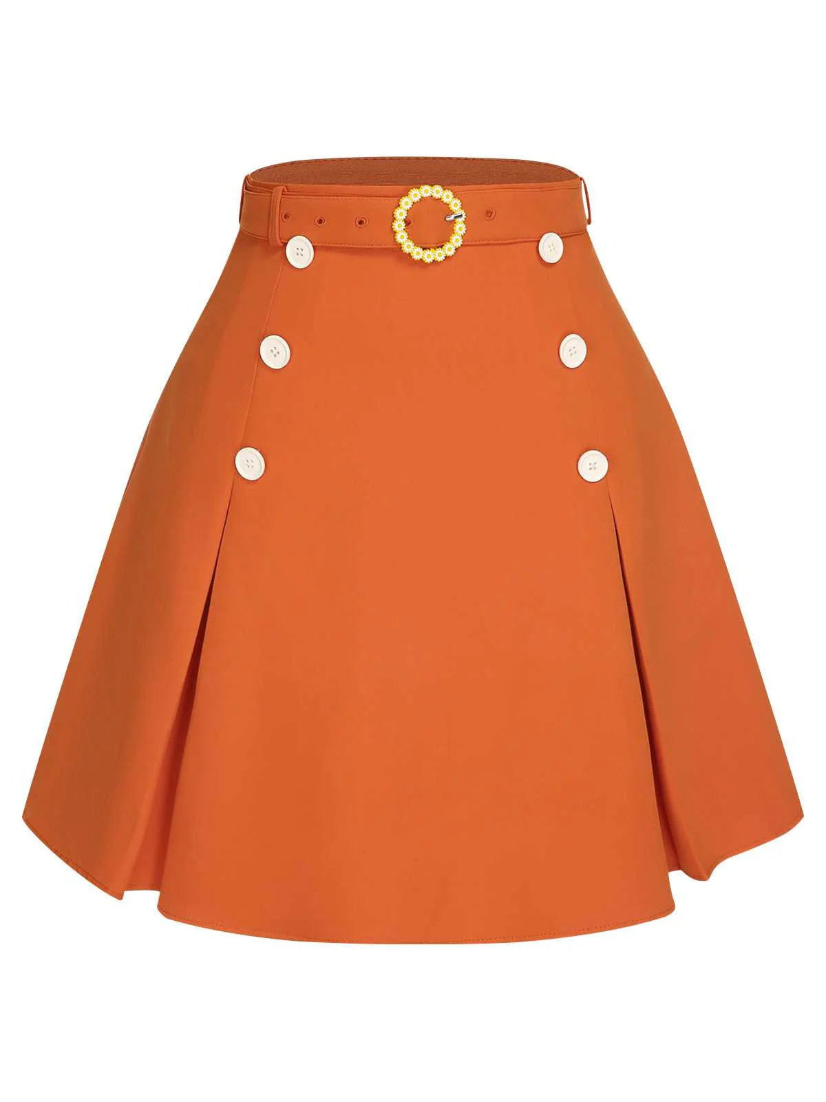 Orange Red 1960s Button Solid Belted Skirt - Image 2