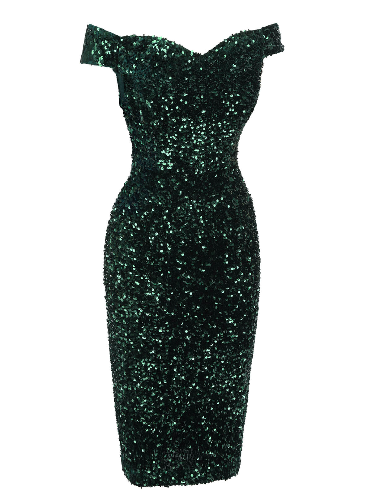 Green 1960s Sequins Off-Shoulder Pencil Dress - Image 3