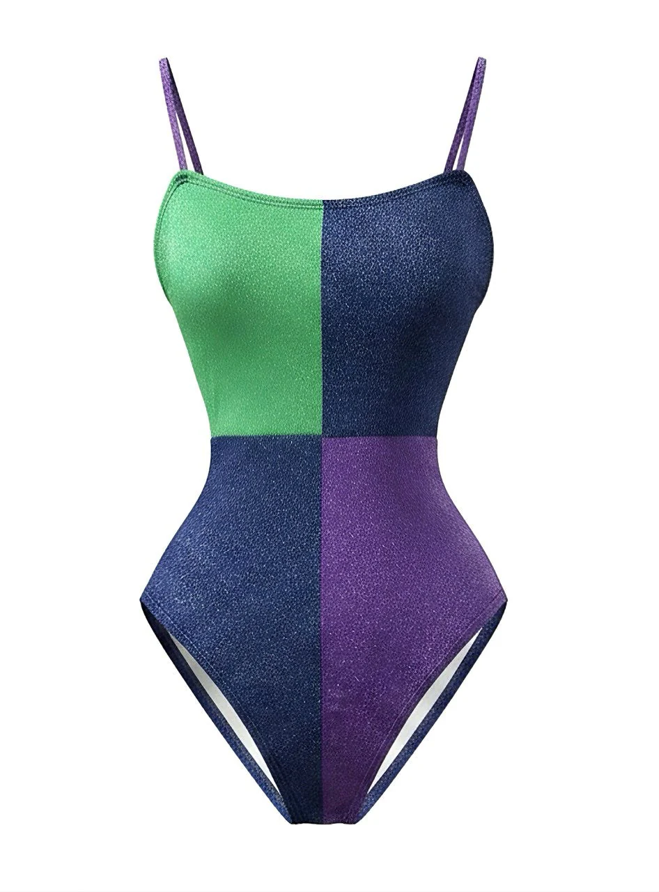 Green 1980s Glitter Shimmer Color Block One Piece Swimsuit