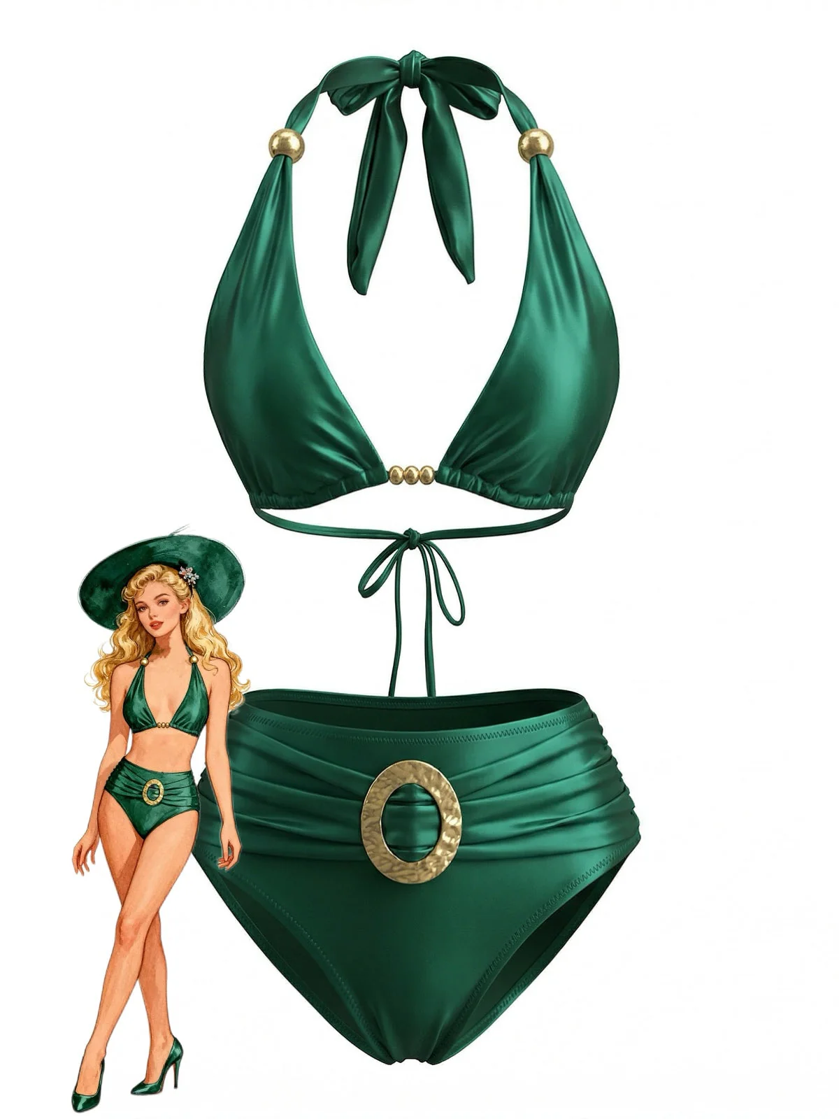 Green 1980s Halter Satin Gold Ring Bikini Set