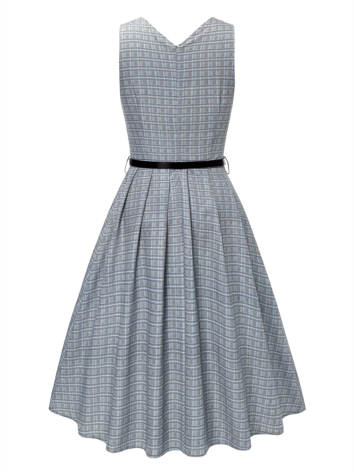 Grey 1940s Deep V-Neck Glen Plaid Dress - Image 8