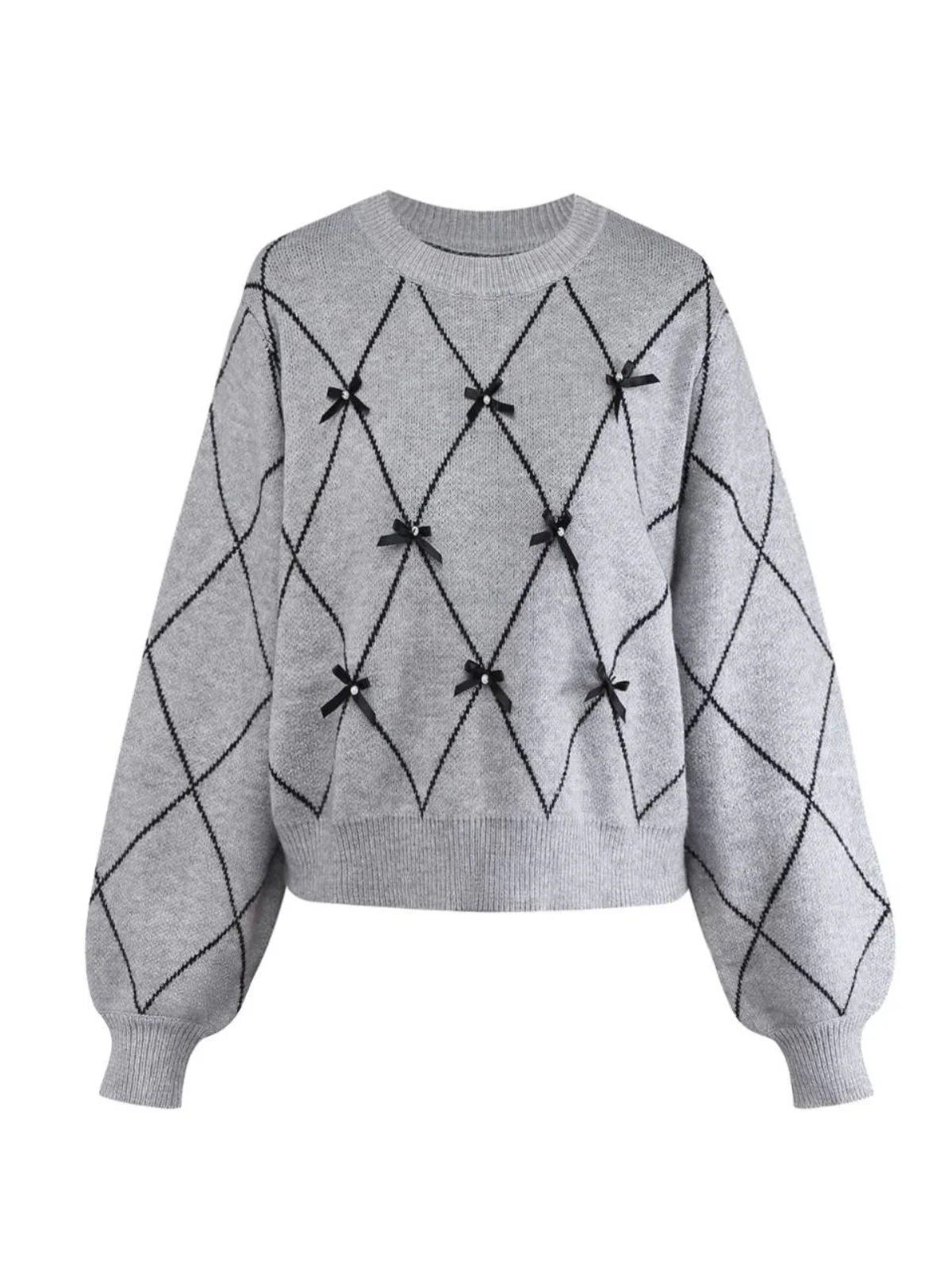 Grey 1950s Round Neck Bow Pullover Sweater