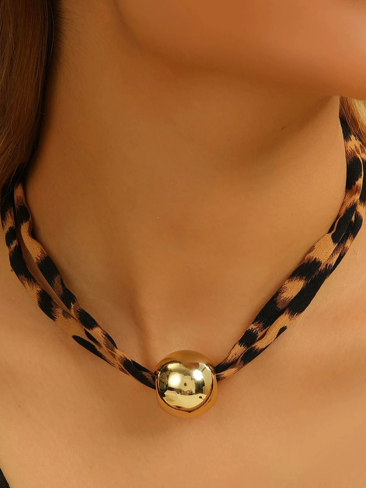 Leopard Print Cord Gold Ball Pendant Necklace