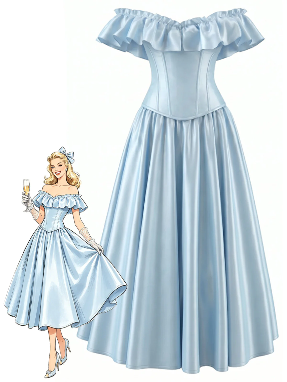 [Pre-Sale] Light Blue 1950s Ruffle Lustrous Waist-Defining Dress