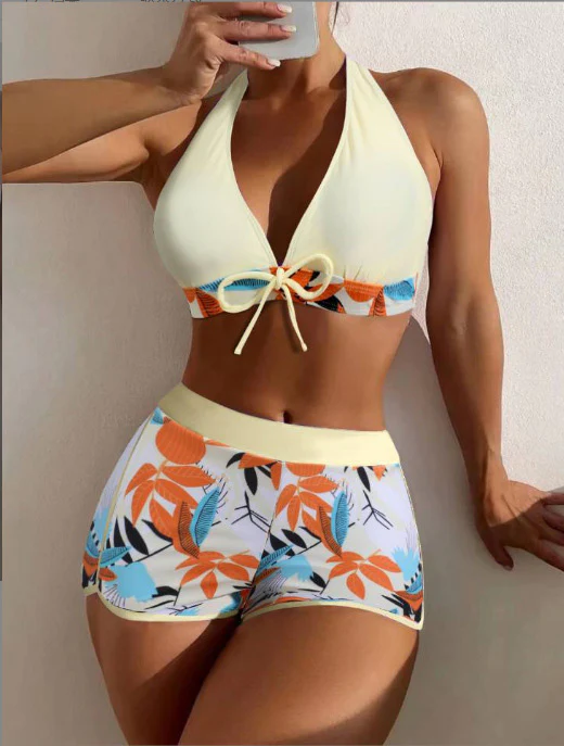 Light Yellow 1950s Halter Leaf-Print Bikini Set - Image 3