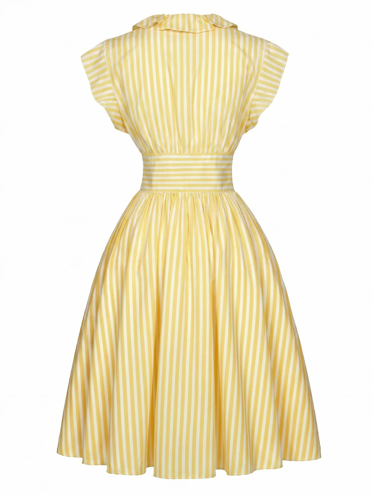 [Pre-Sale] Light Yellow 1950s Stripe Ruffle Collar Tie Waist Dress - Image 3