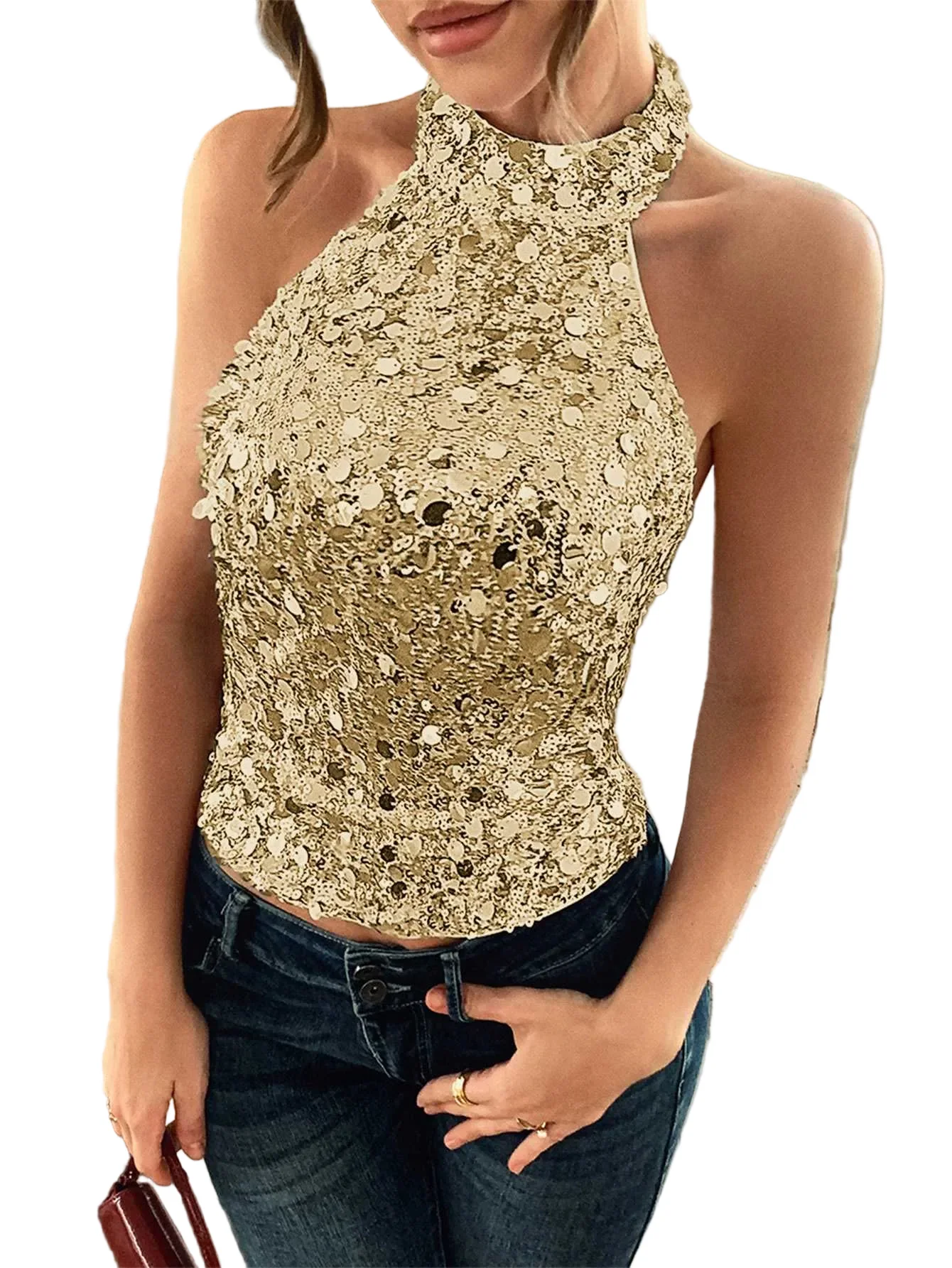 Metallic 1970s Halter Sequin Sleeveless Top