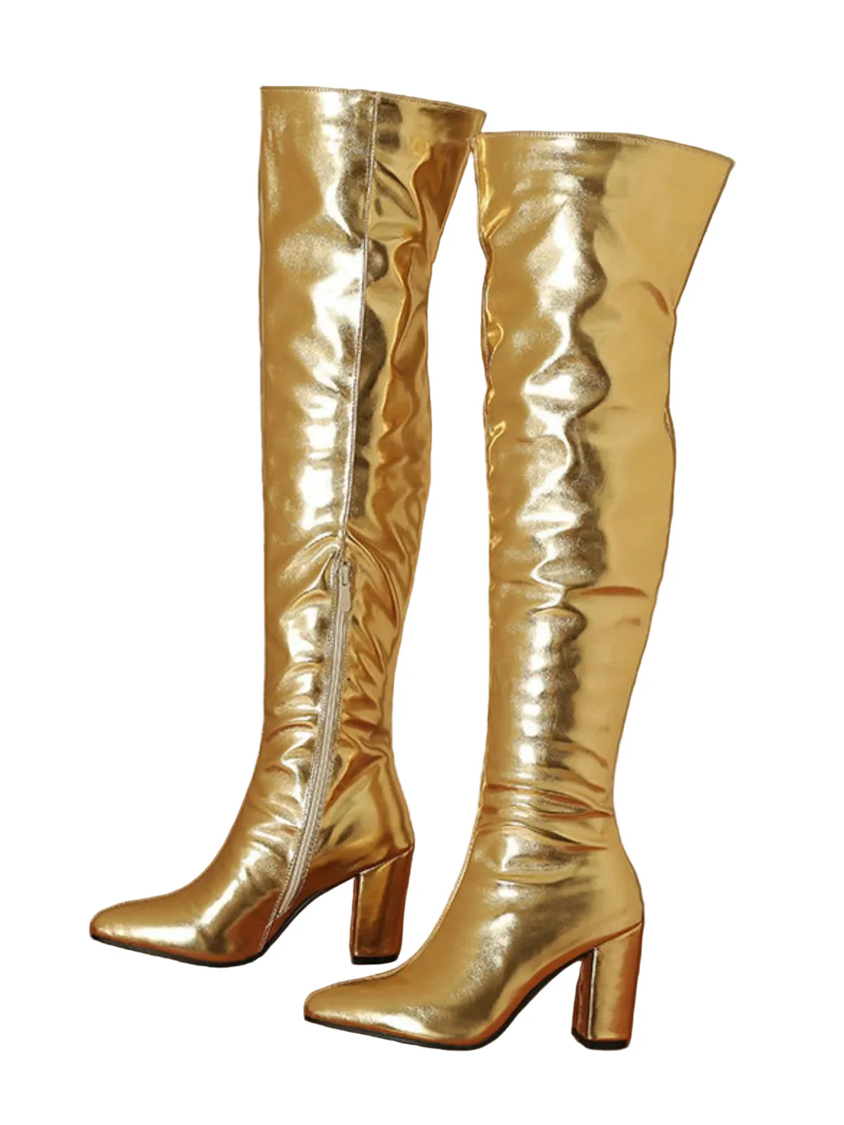 Metallic Thigh-High Block Heel Boots