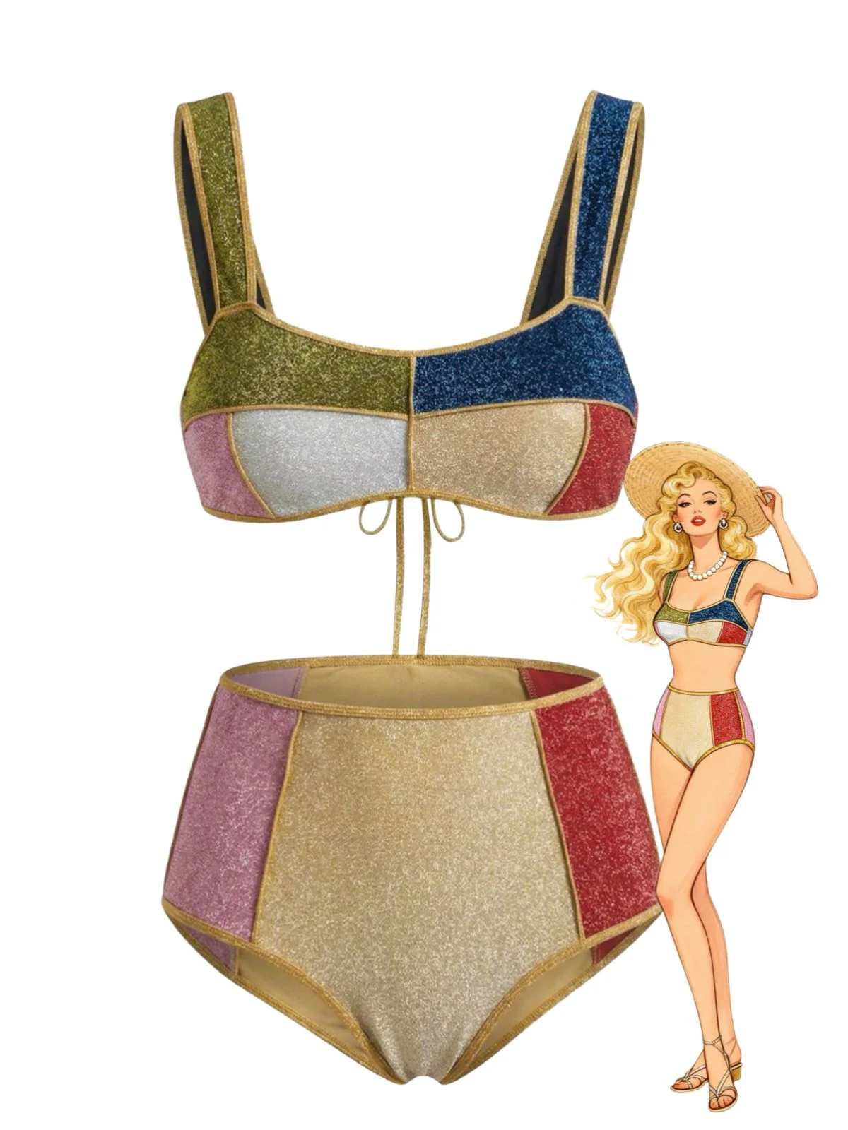 Multicolor 1940s Patchwork Metallic Bikini Set