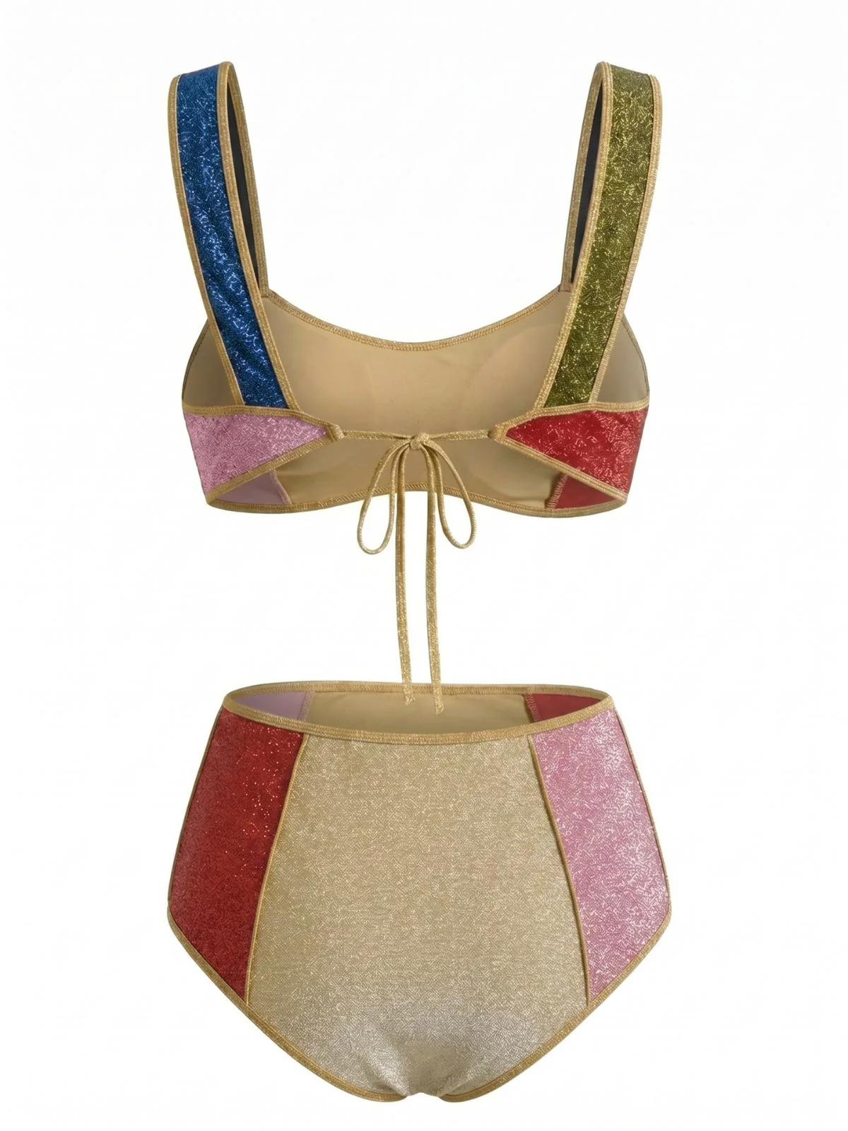 Multicolor 1940s Patchwork Metallic Bikini Set - Image 4