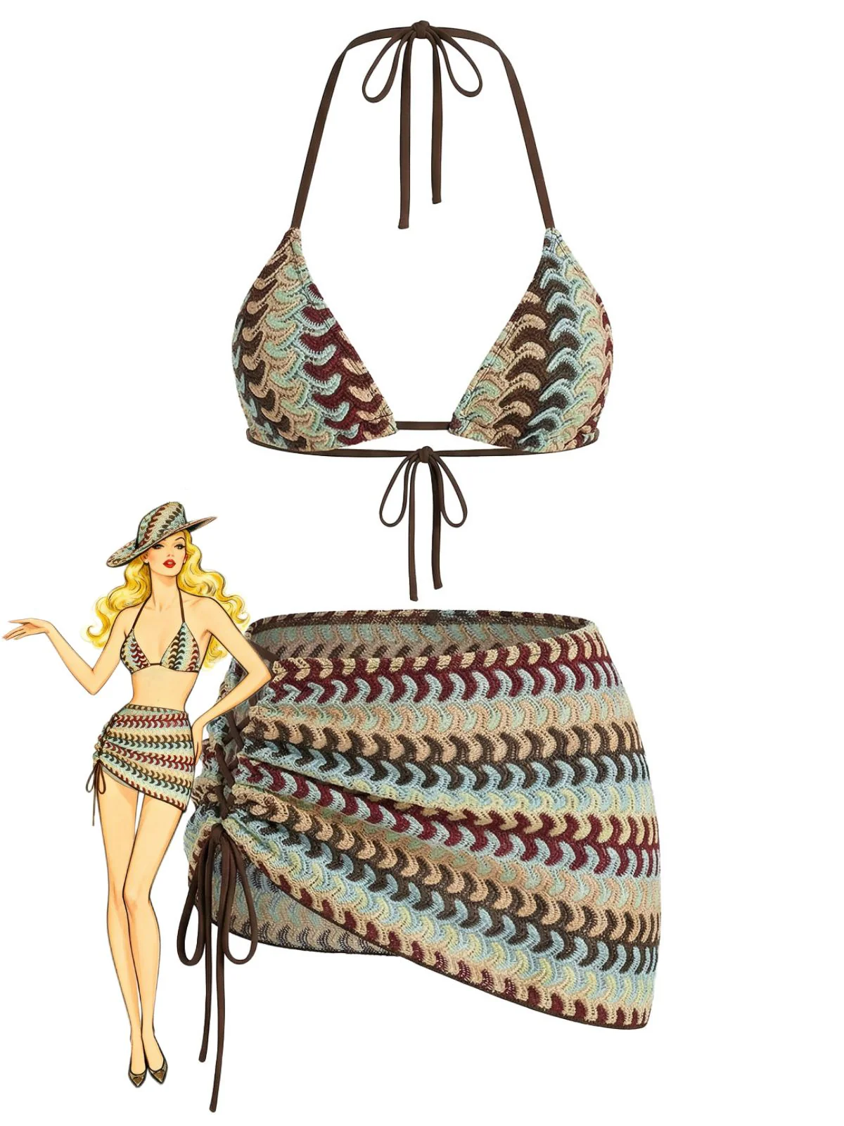 Multicolor 1970s Boho Halter Bikini Set & Cover-Up