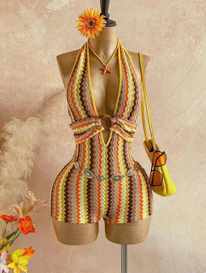 Multicolor 1970s Halter Deep V-Neck Zig-Zag Knit Romper - Image 7