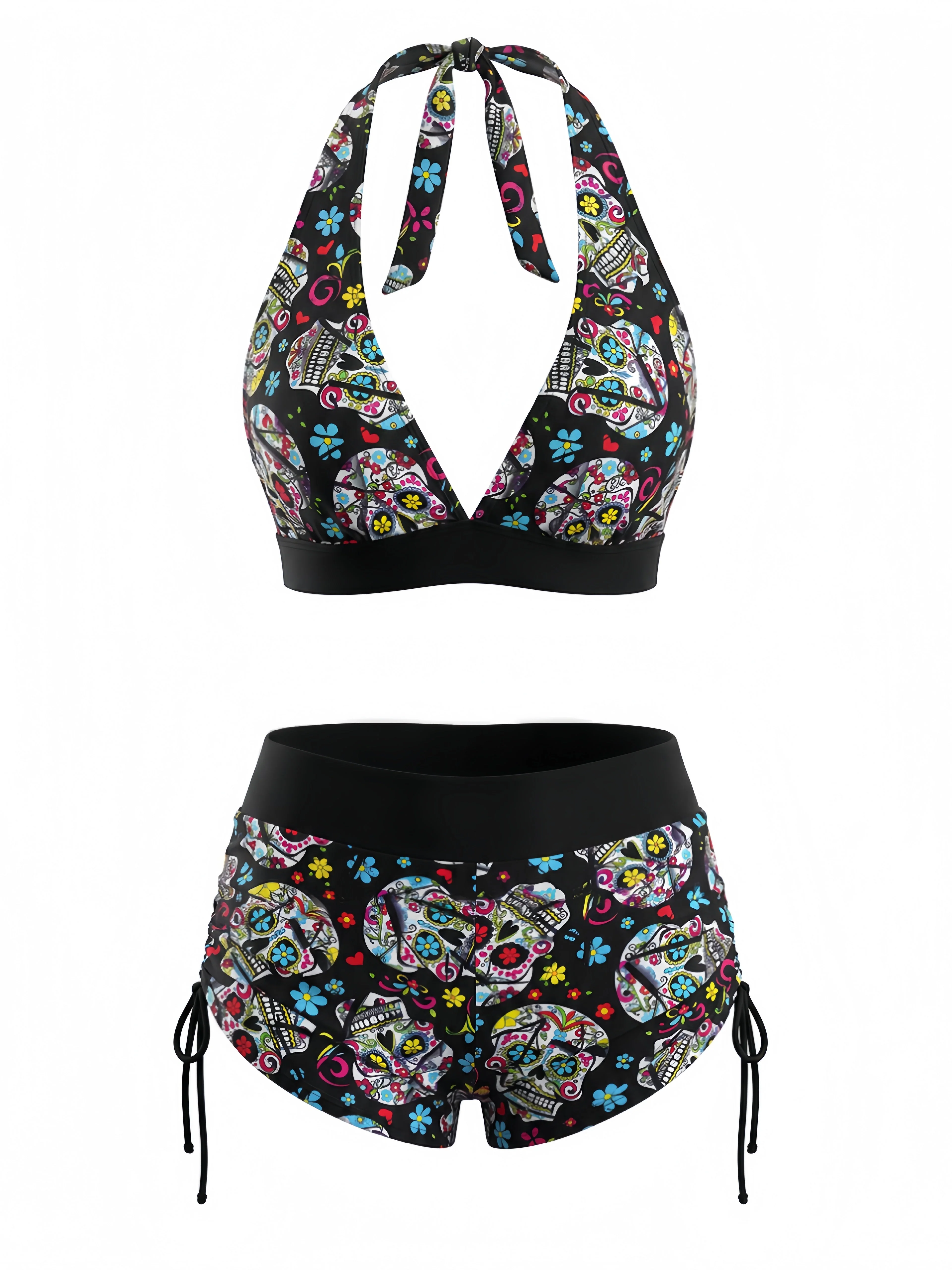 Multicolor 1980s Sugar Skull Halter Gothic Bikini Set - Image 2