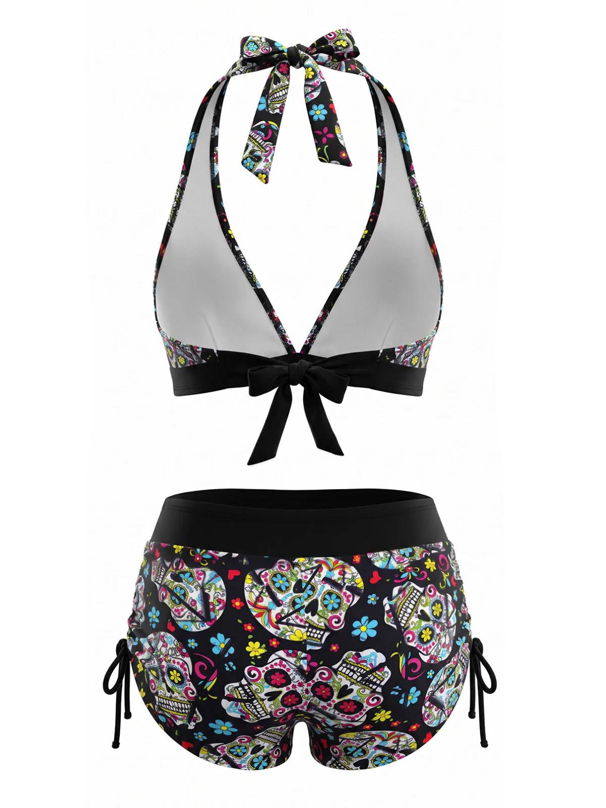 Multicolor 1980s Sugar Skull Halter Gothic Bikini Set - Image 3