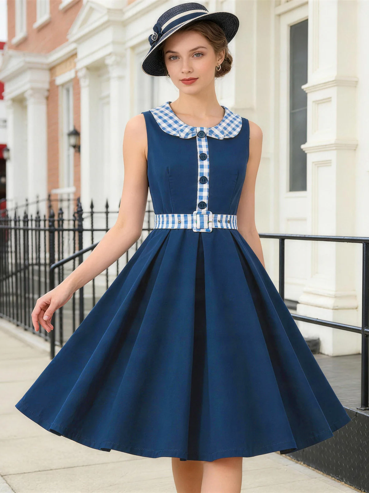 Navy 1950s Gingham Peter Pan Collar Belted Swing Dress - Image 2