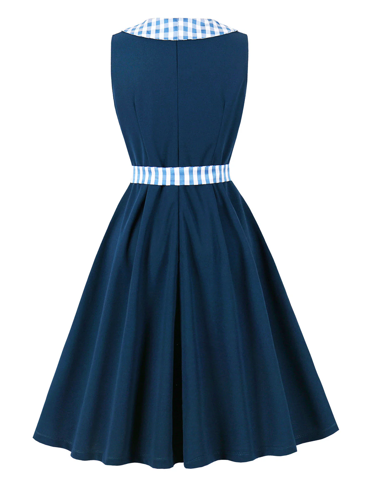 Navy 1950s Gingham Peter Pan Collar Belted Swing Dress - Image 3