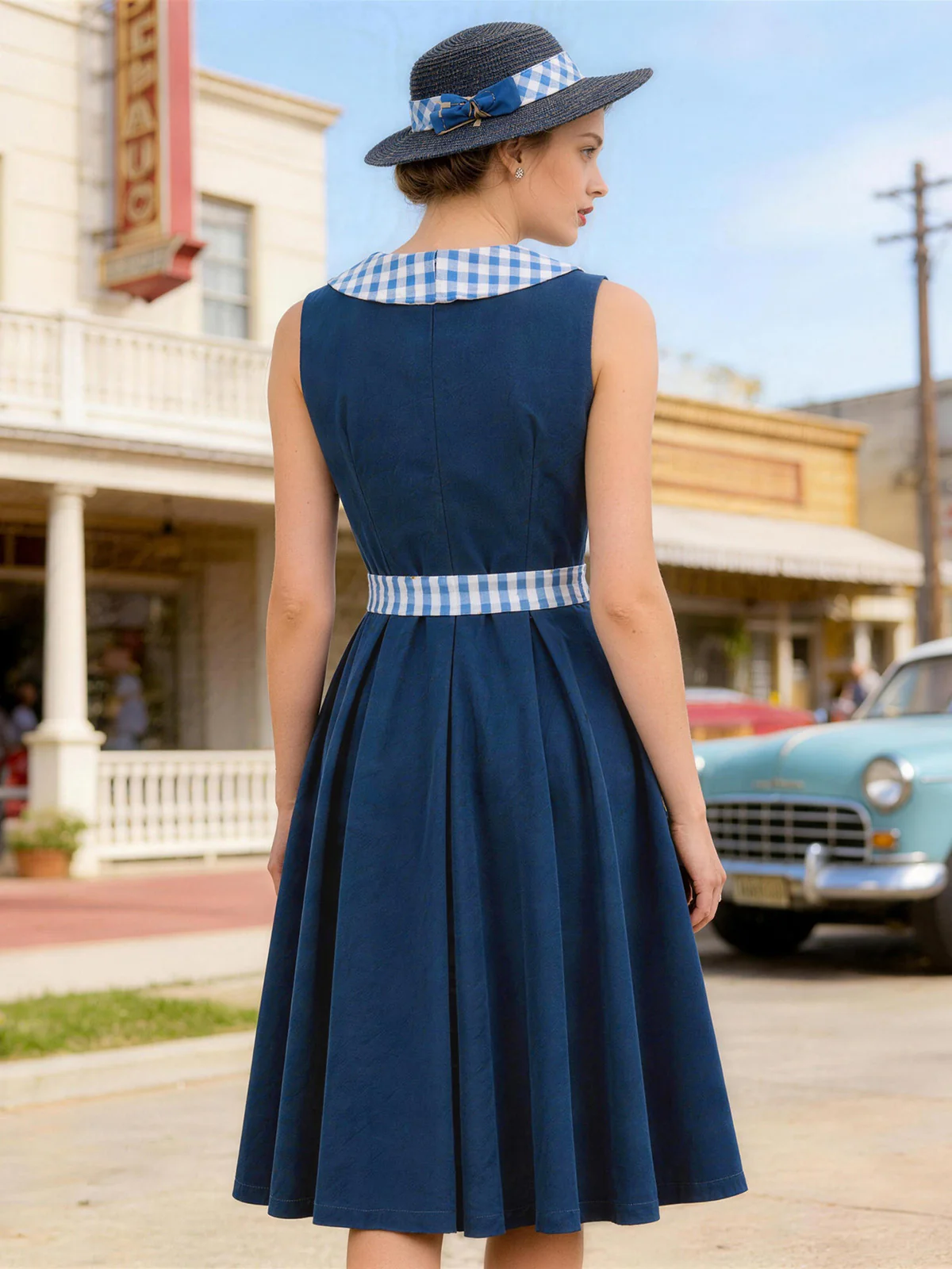 Navy 1950s Gingham Peter Pan Collar Belted Swing Dress - Image 4