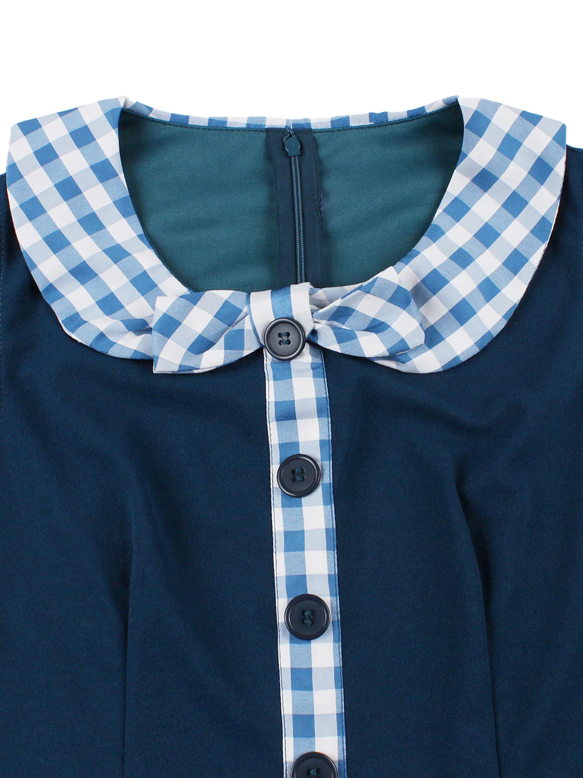 Navy 1950s Gingham Peter Pan Collar Belted Swing Dress - Image 5