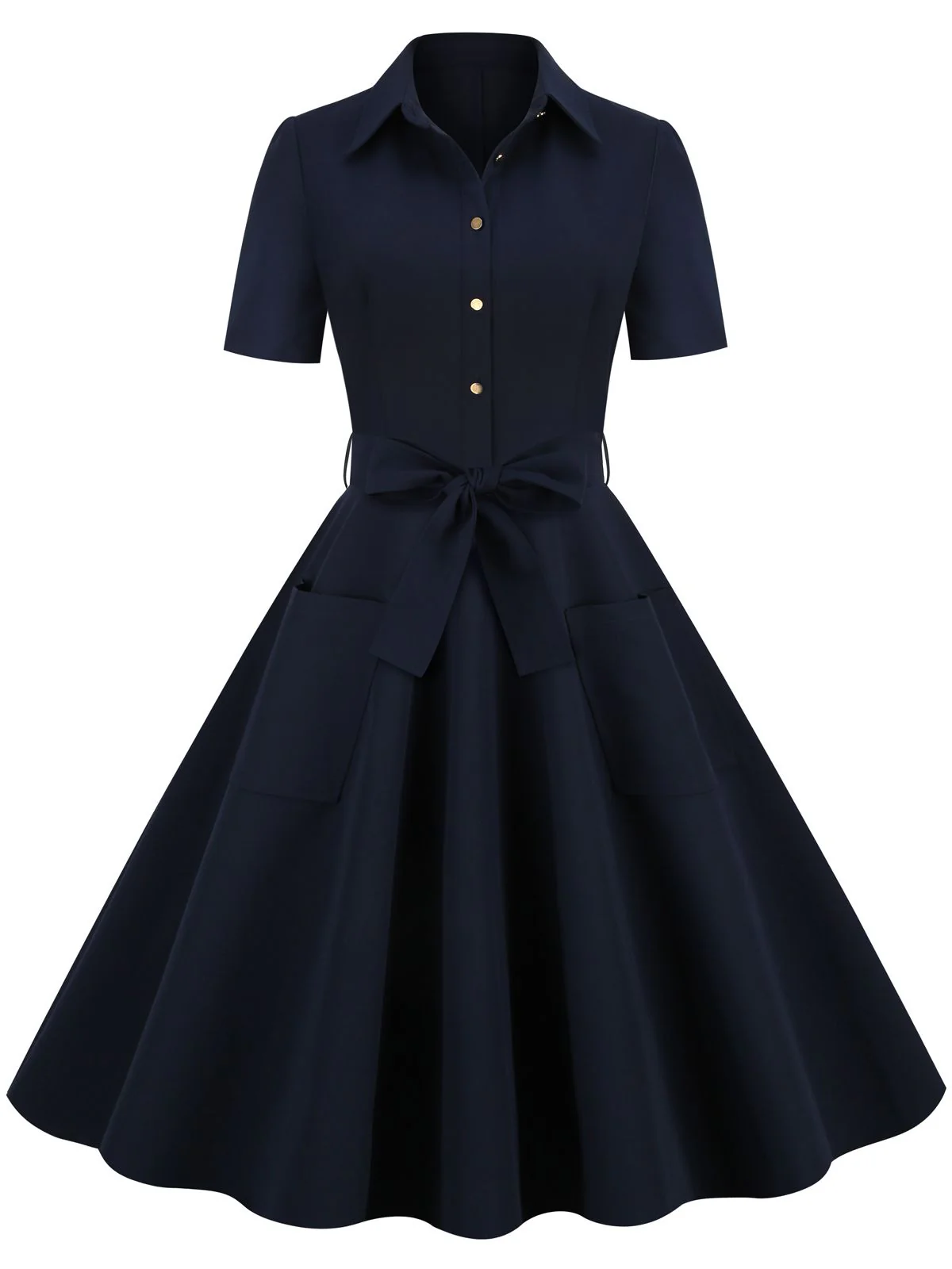 Navy Blue 1950s Solid Belt Swing Dress