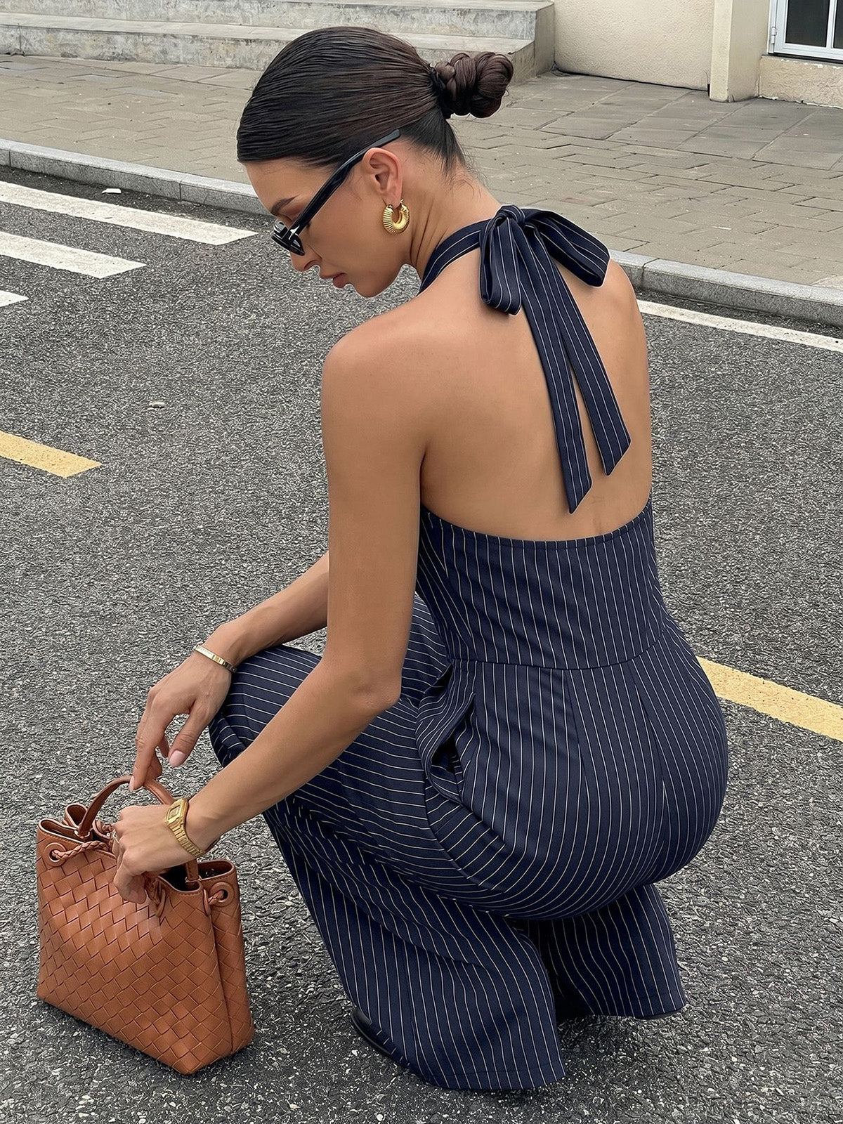 Navy Blue 1950s Striped Halter Wide Leg Jumpsuit - Image 5