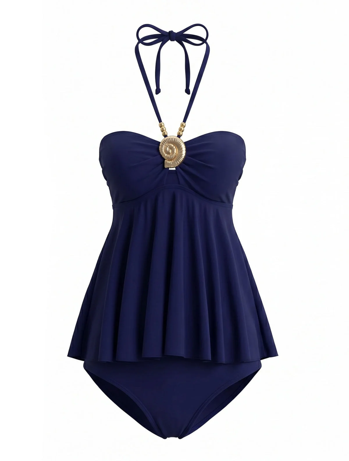 Navy Blue 1980s Solid Metallic Embellished Swimsuit
