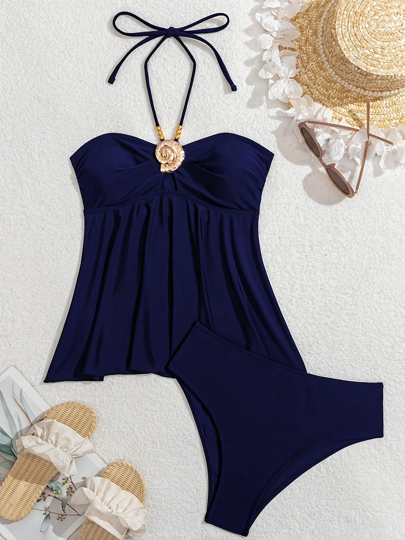Navy Blue 1980s Solid Metallic Embellished Swimsuit - Image 5