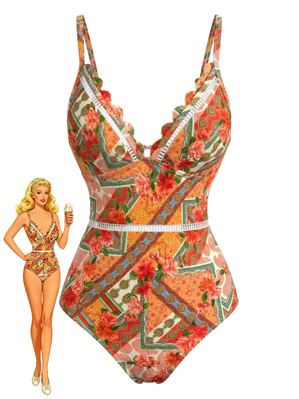 Orange 1940s Floral Hollow Patchwork Swimsuit