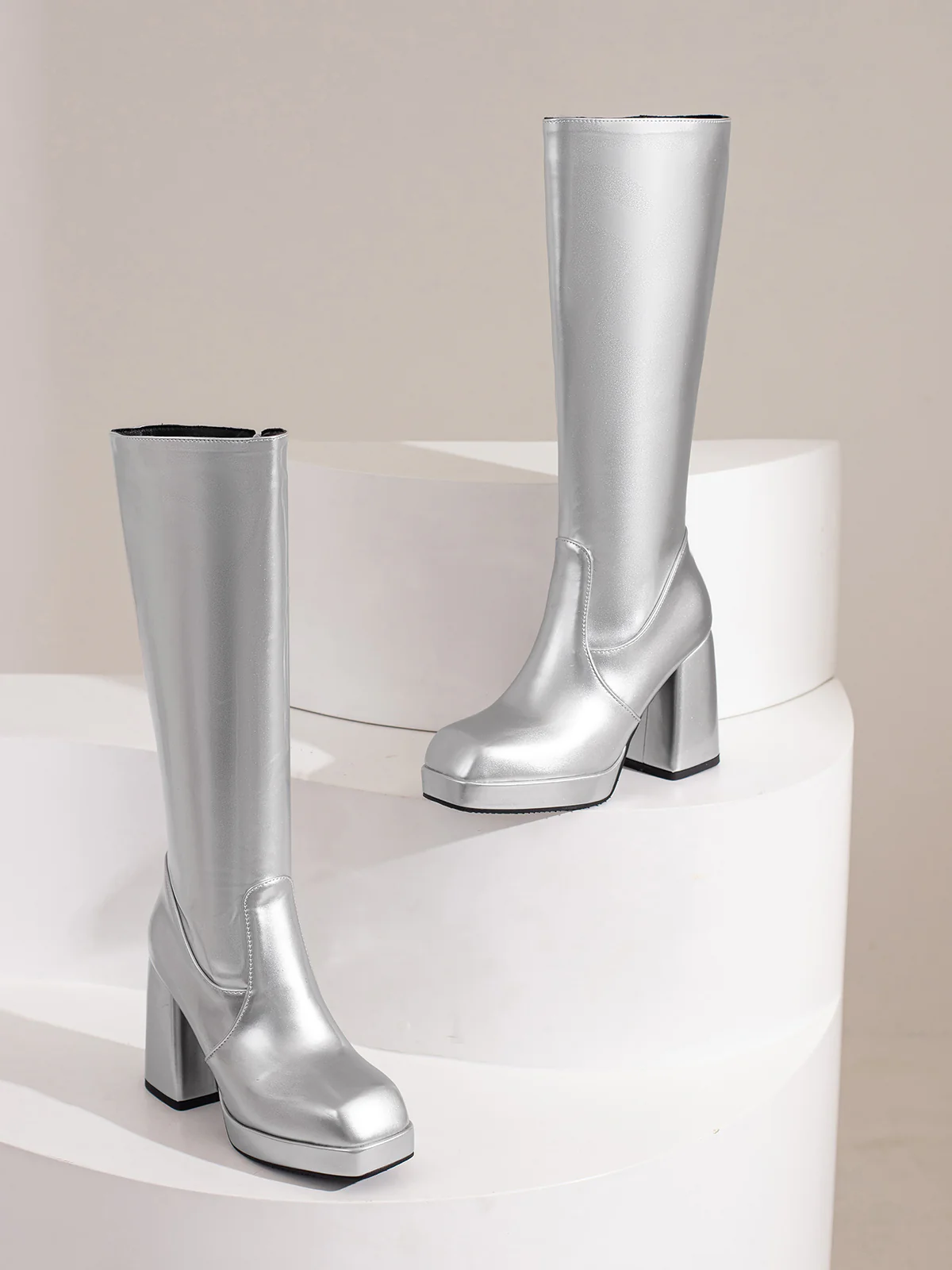 Patent Leather Round Toe Solid High Heel Boots - Image 27