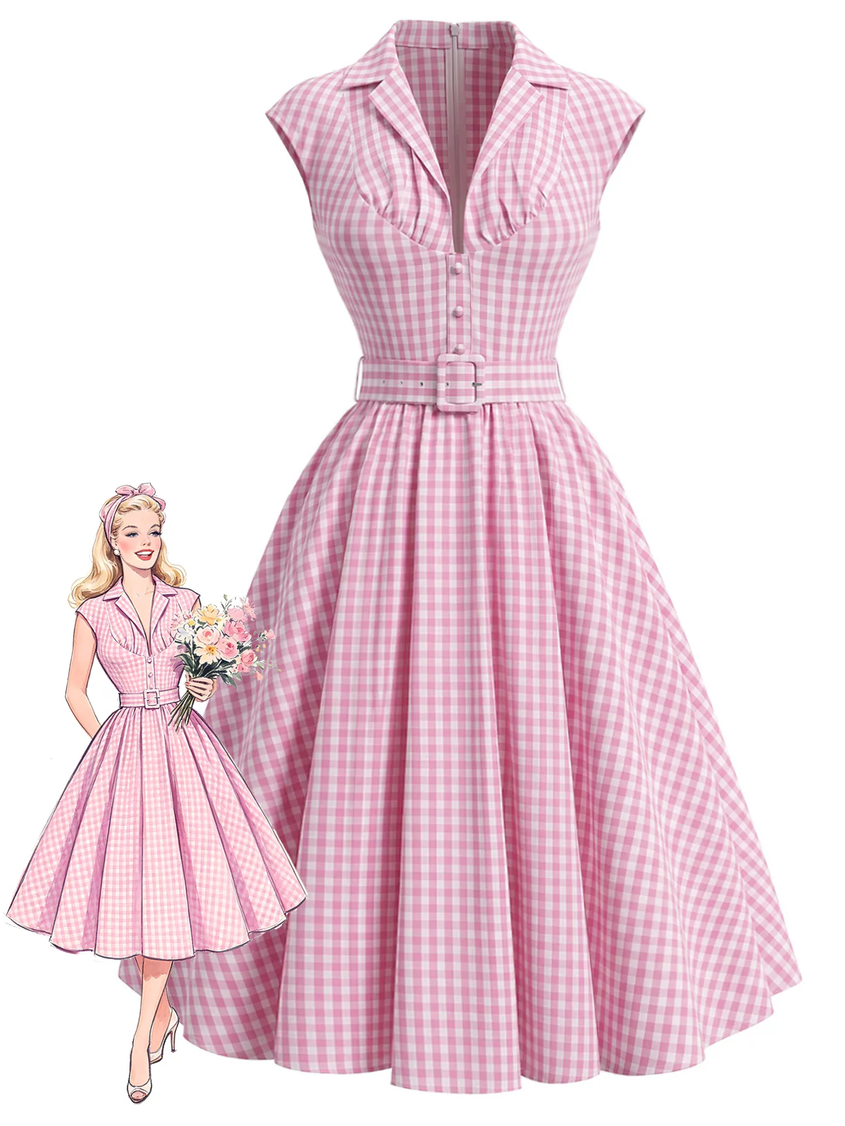 [Pre-Sale] Pink 1940s Gingham Lapel V-Neck Belted Swing Dress