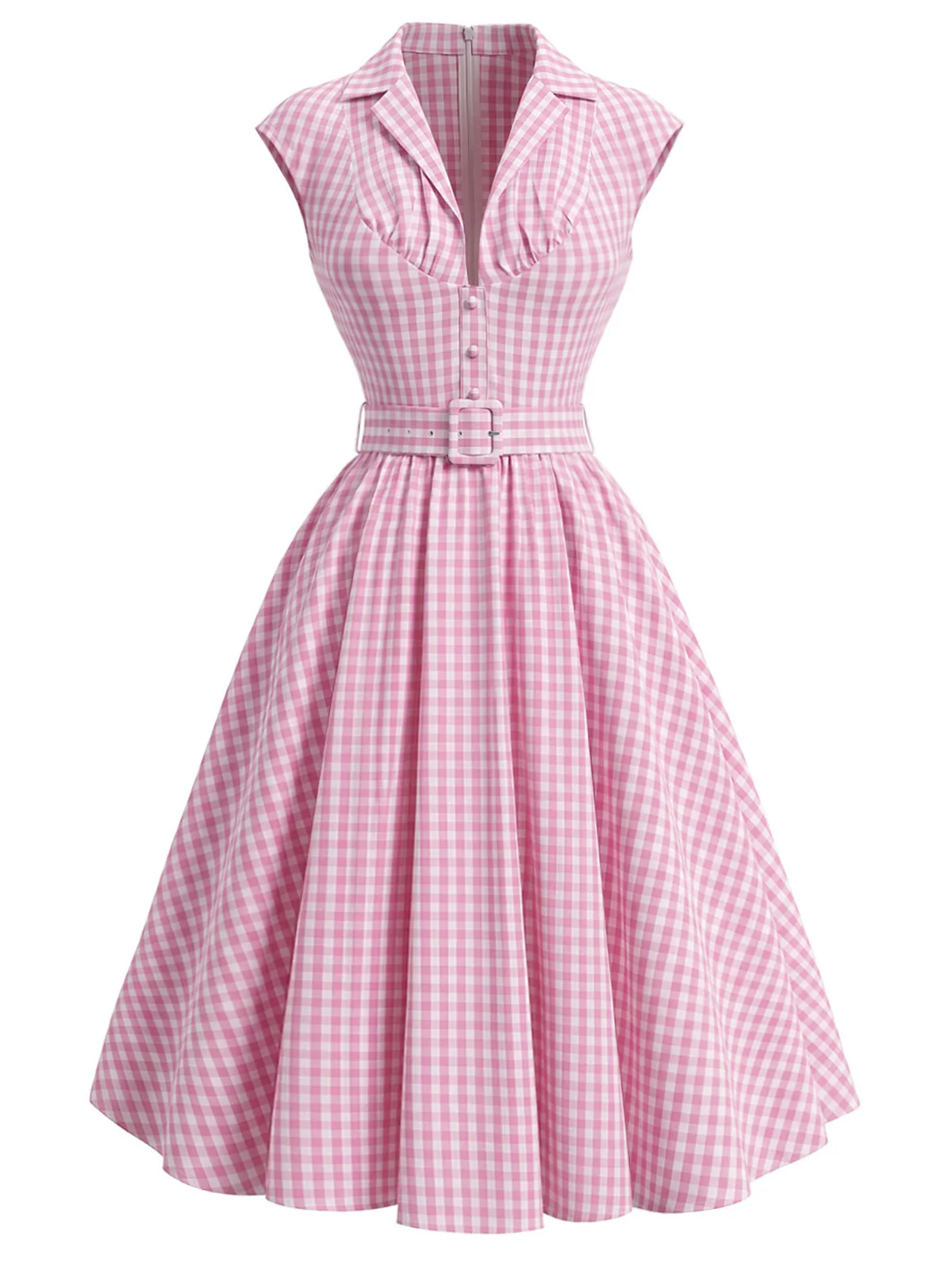 [Pre-Sale] Pink 1940s Gingham Lapel V-Neck Belted Swing Dress - Image 2