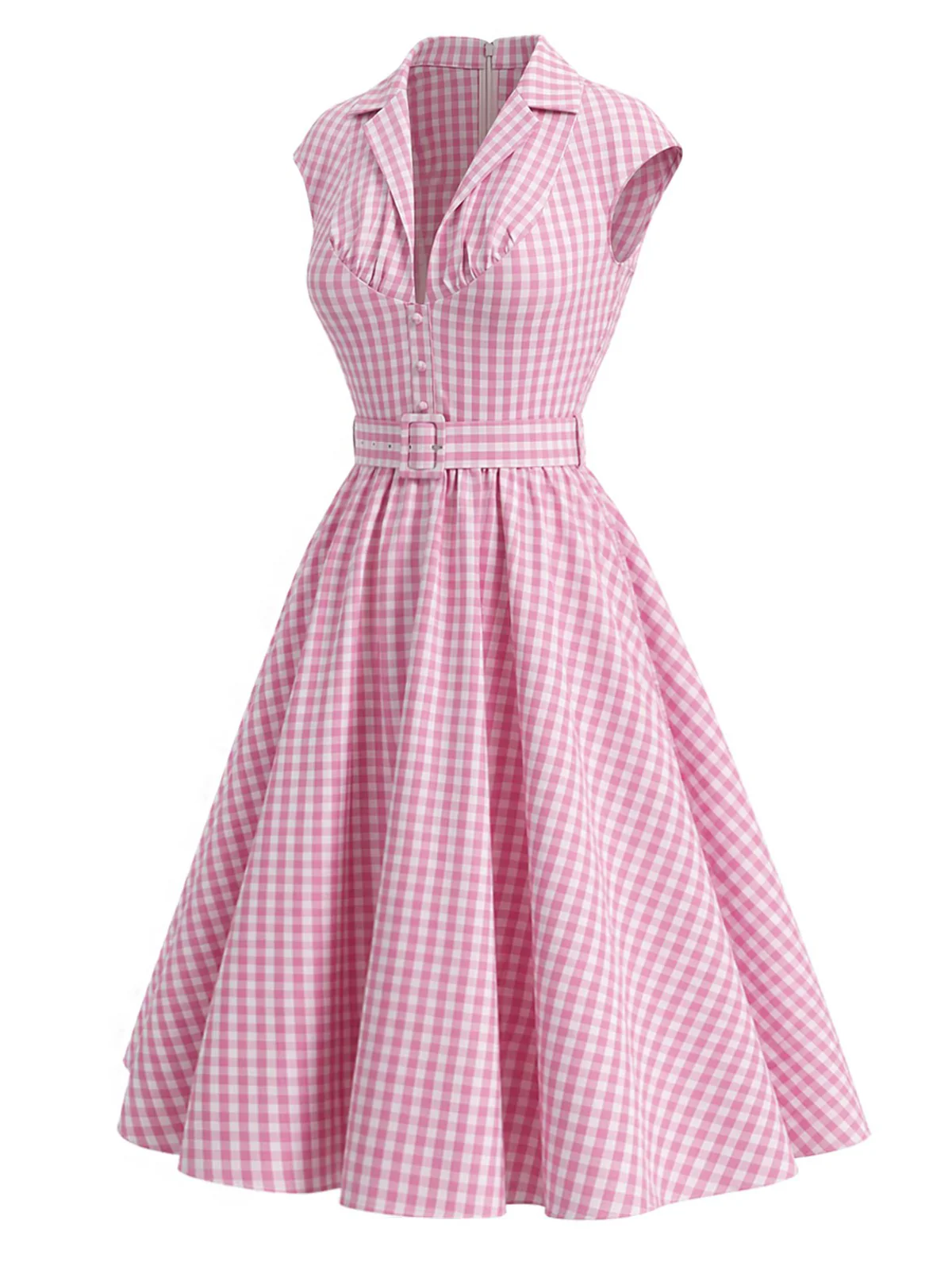 [Pre-Sale] Pink 1940s Gingham Lapel V-Neck Belted Swing Dress - Image 3