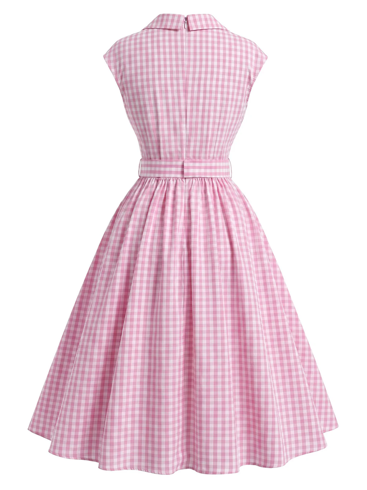 [Pre-Sale] Pink 1940s Gingham Lapel V-Neck Belted Swing Dress - Image 4