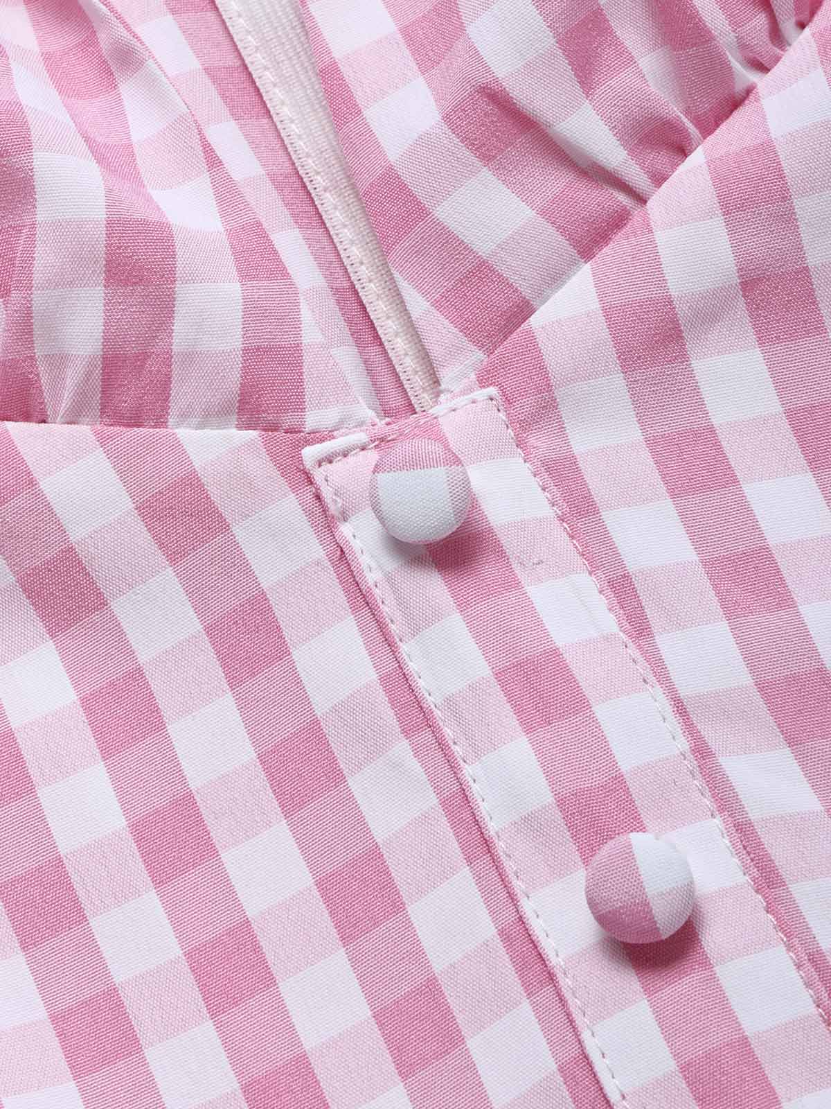 [Pre-Sale] Pink 1940s Gingham Lapel V-Neck Belted Swing Dress - Image 5