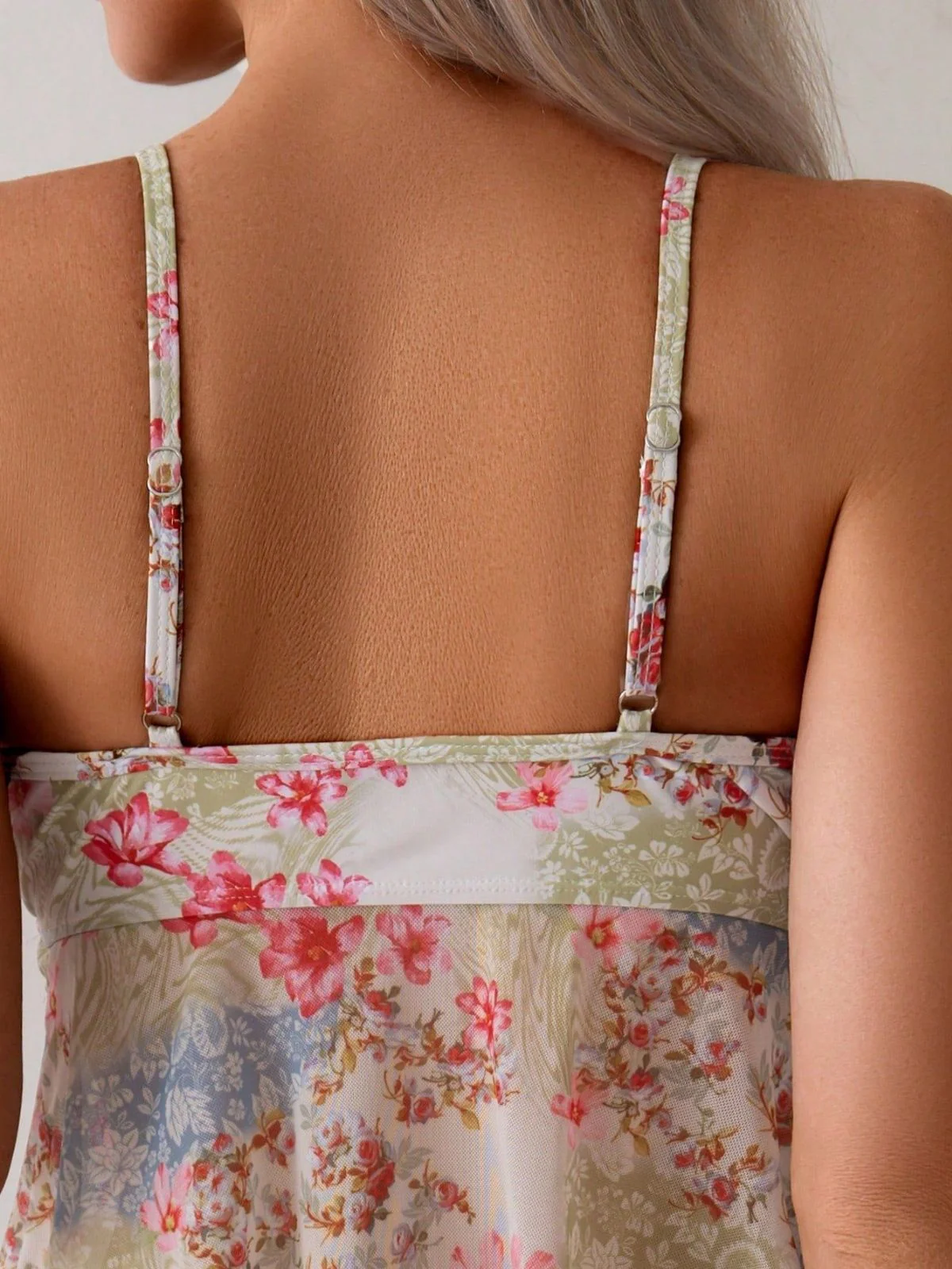 Pink 1930s Floral Patchwork Spaghetti Strap Ruffle Peplum Tankini Set - Image 7